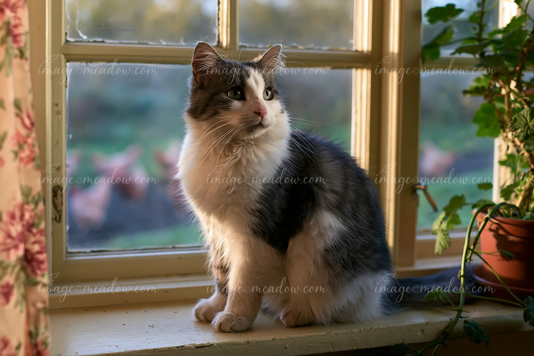 A cat sitting on a country house windowsill looks outside at the greenery while soft sunlight shines through the glass.