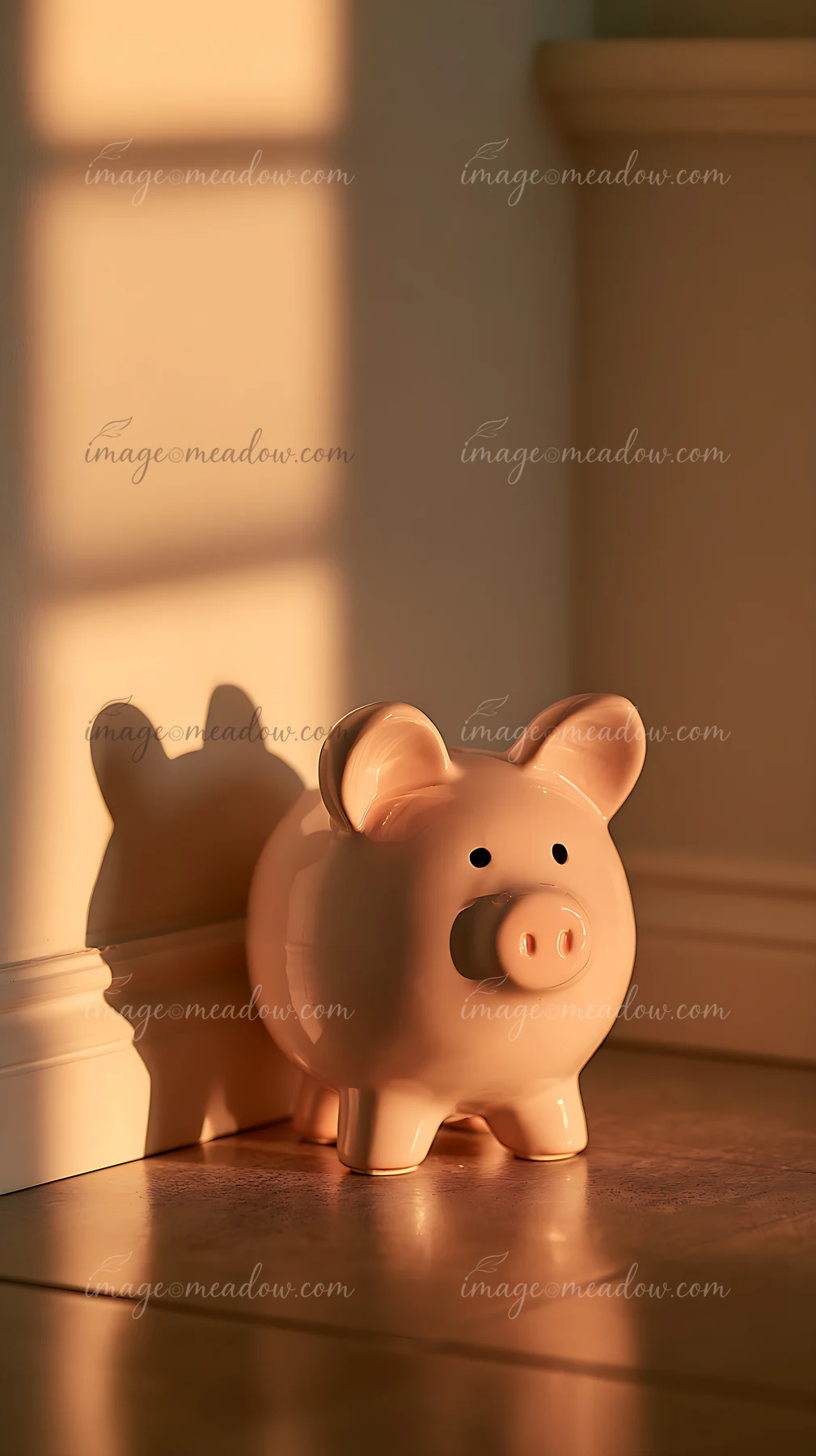 A ceramic piggy bank sits against a wall, with sunlight creating a long shadow.