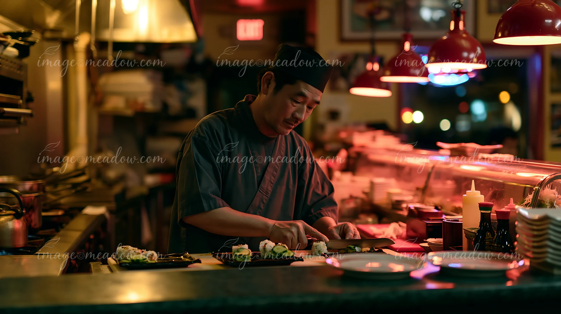 A chef prepares sushi at a restaurant kitchen under warm lighting.
