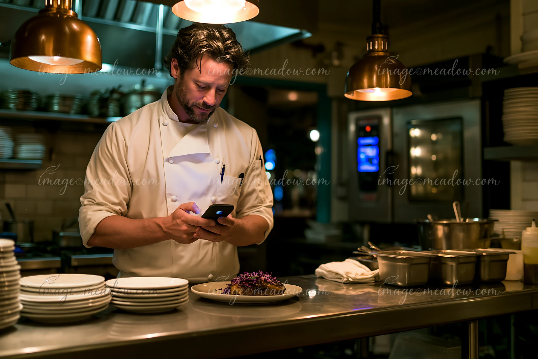 A chef uses a smartphone to manage tasks while standing in a busy restaurant kitchen.