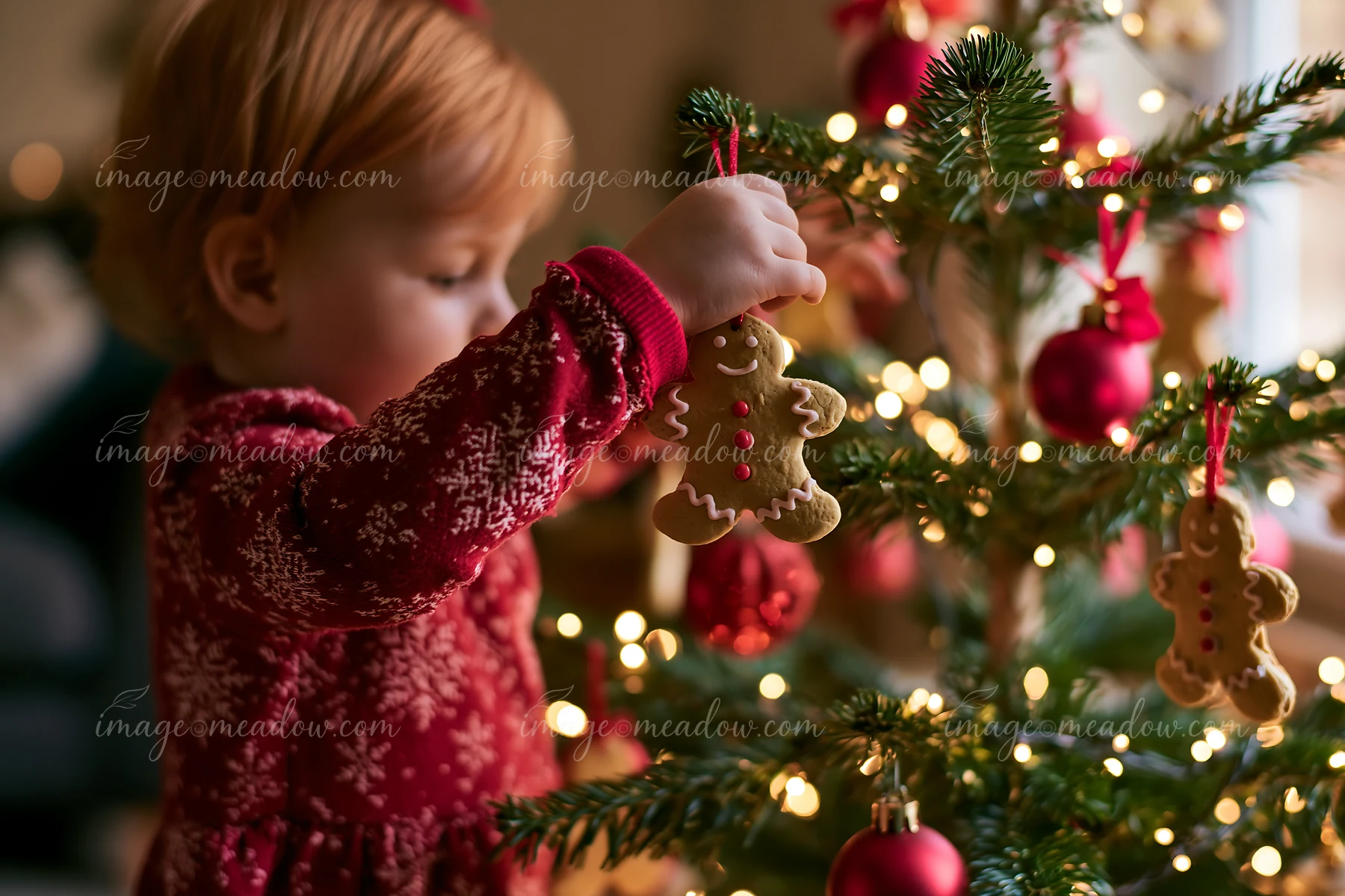 A child hangs gingerbread ornaments on a Christmas tree in a cozy living room.
