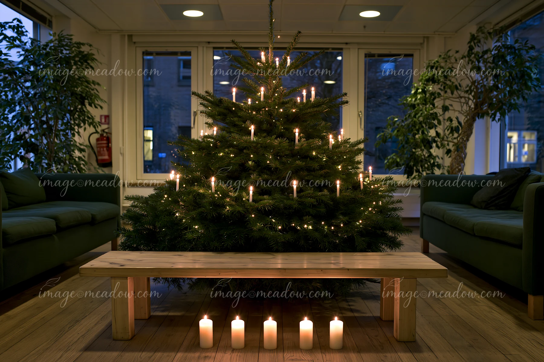 A Christmas tree with candles nearby stands in a warm indoor space, surrounded by green sofas.