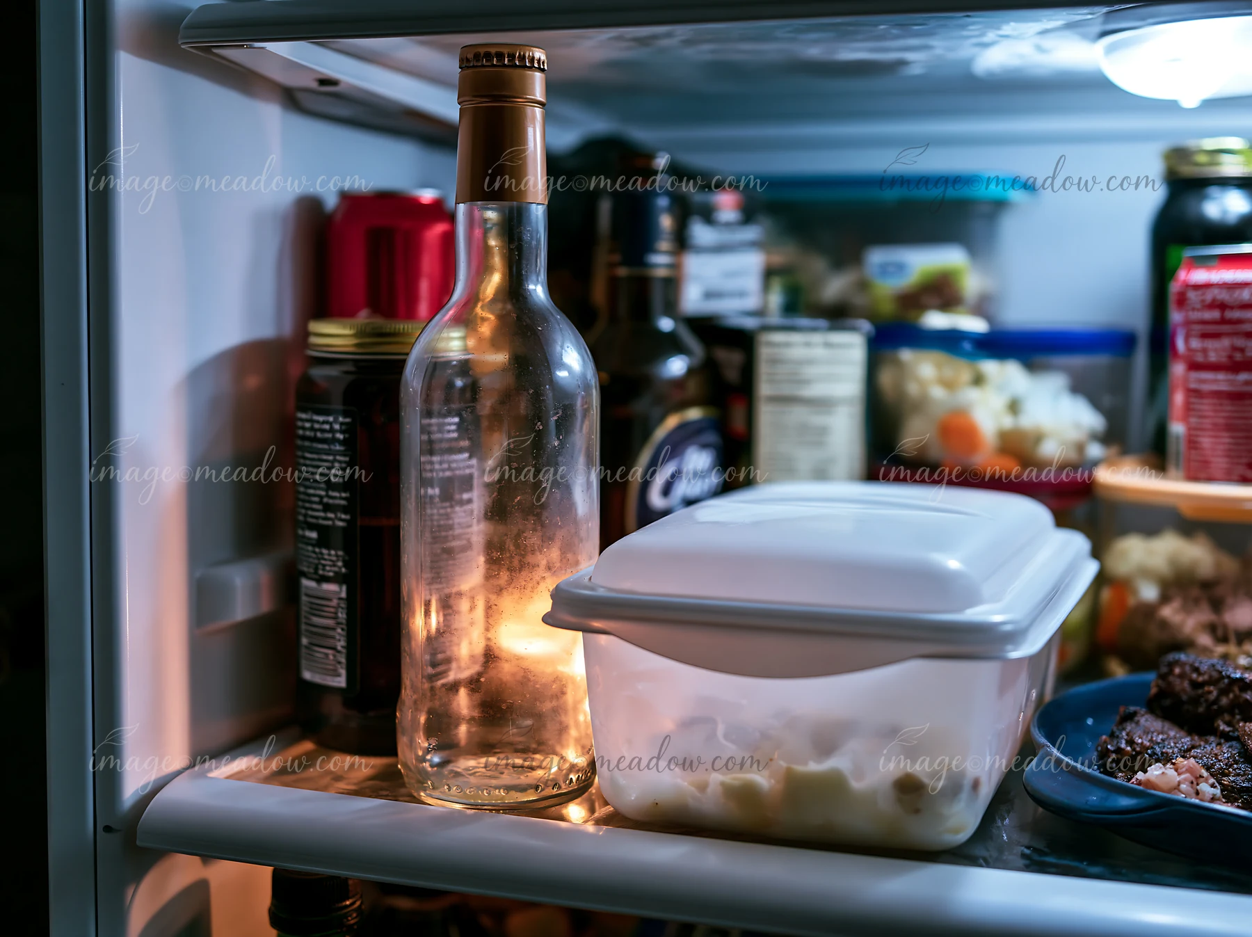 A clear bottle stands on a shelf in a refrigerator surrounded by containers and food.