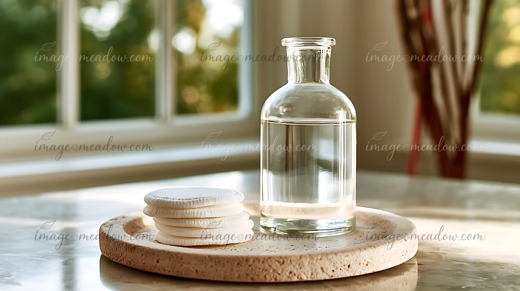 A clear glass bottle holds water next to cotton pads on a round tray.