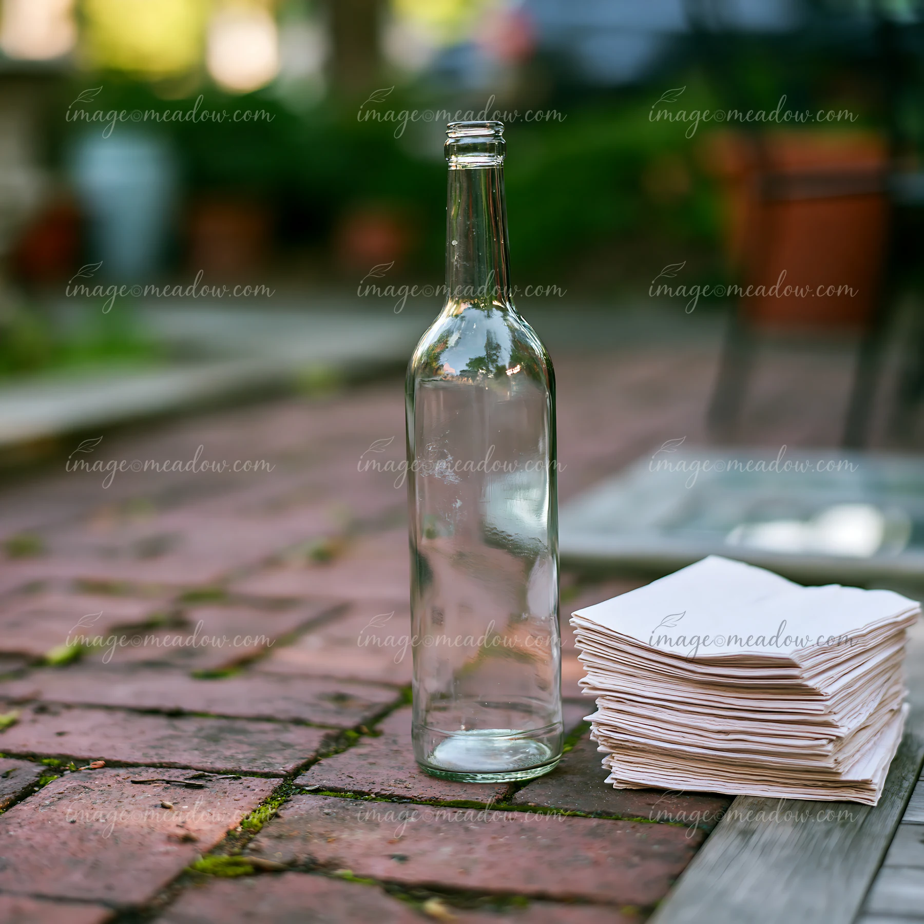 A clear glass bottle stands next to a clean stack of napkins on a patio made of bricks, indicating a gathering in the backyard.
