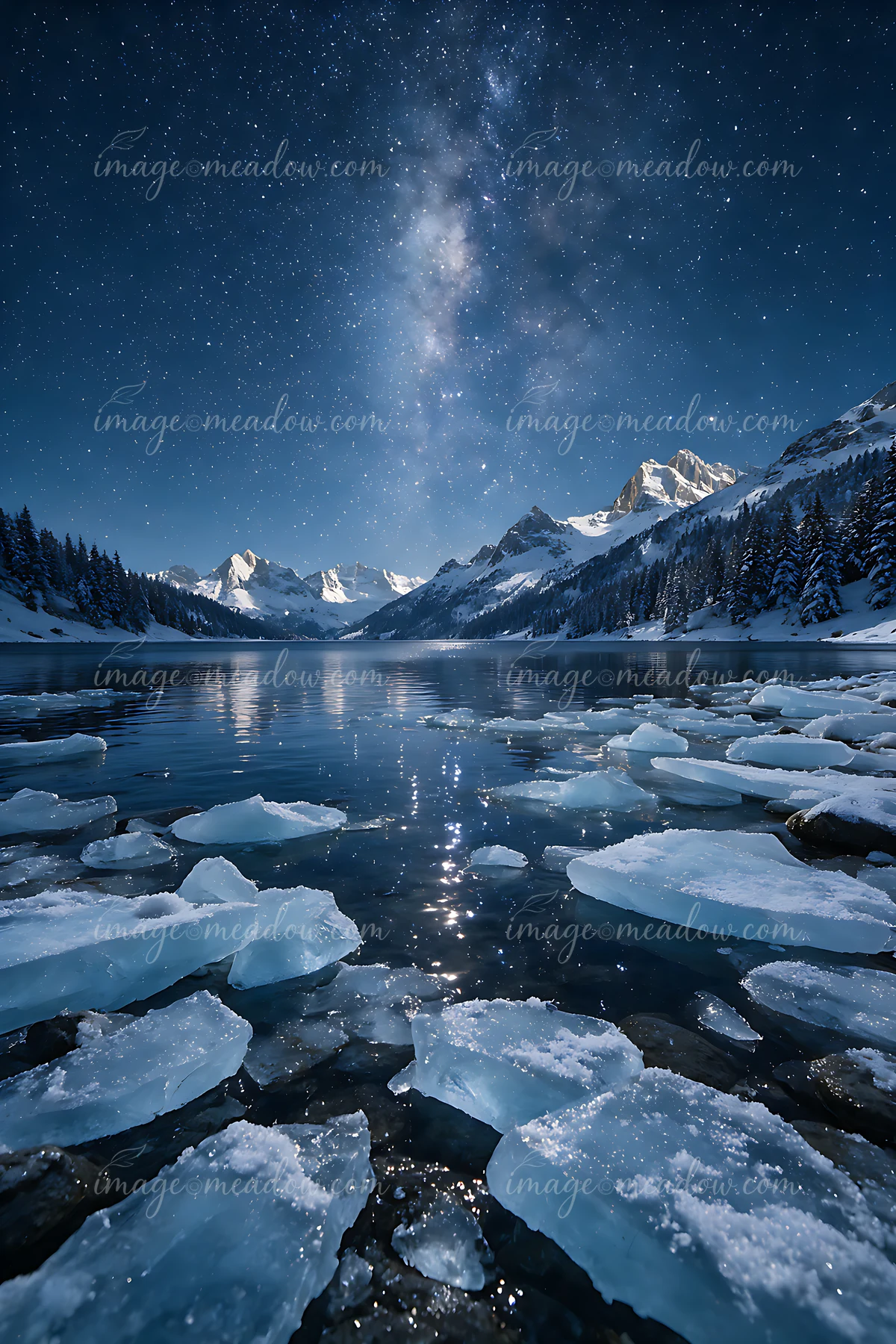 A clear starry night presents a view of a Swiss mountain lake with floating ice fragments.