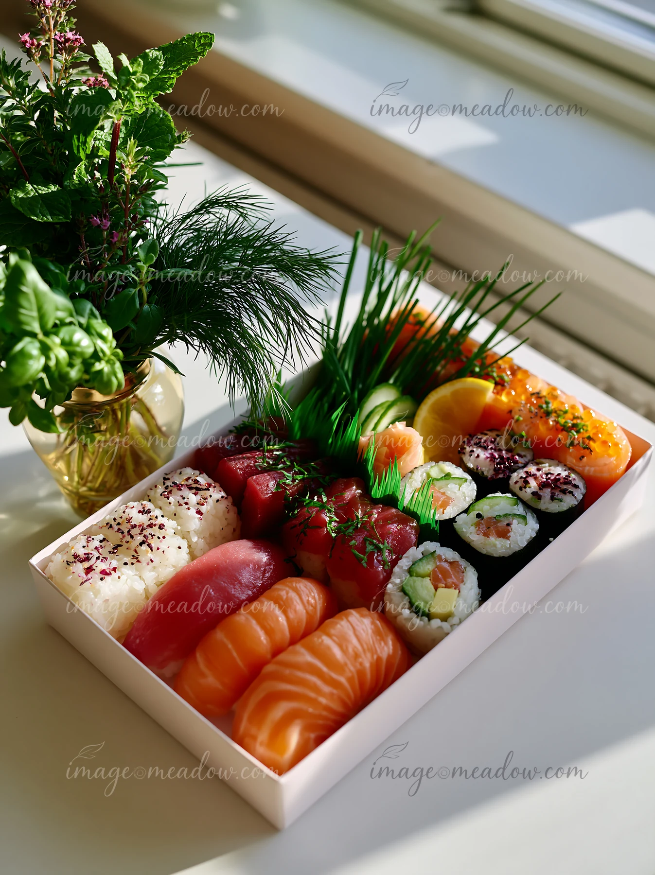 A close-up view features a sushi takeaway box filled with assorted sushi pieces.