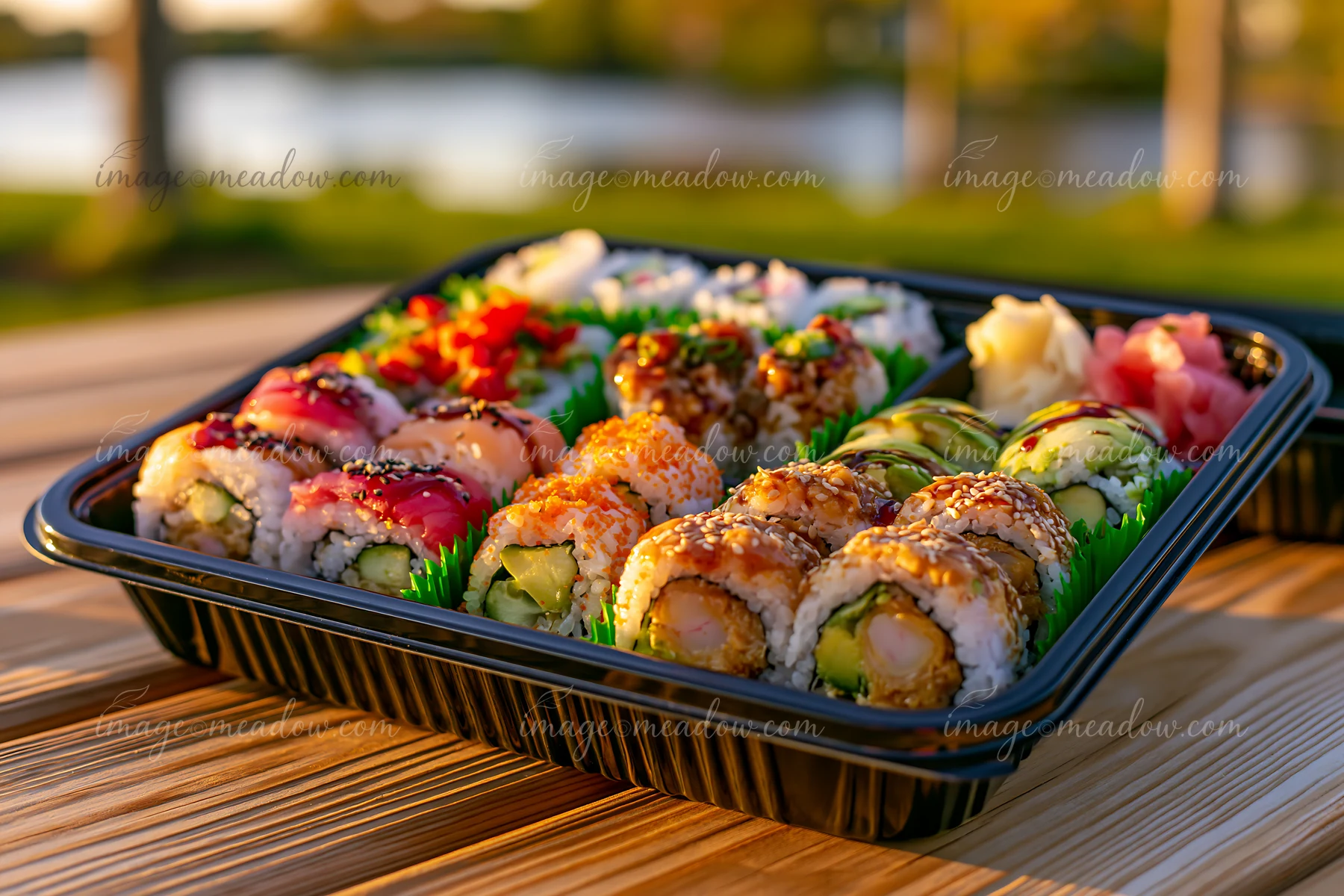 A close-up view of a sushi delivery box filled with different sushi rolls placed on a wooden table.