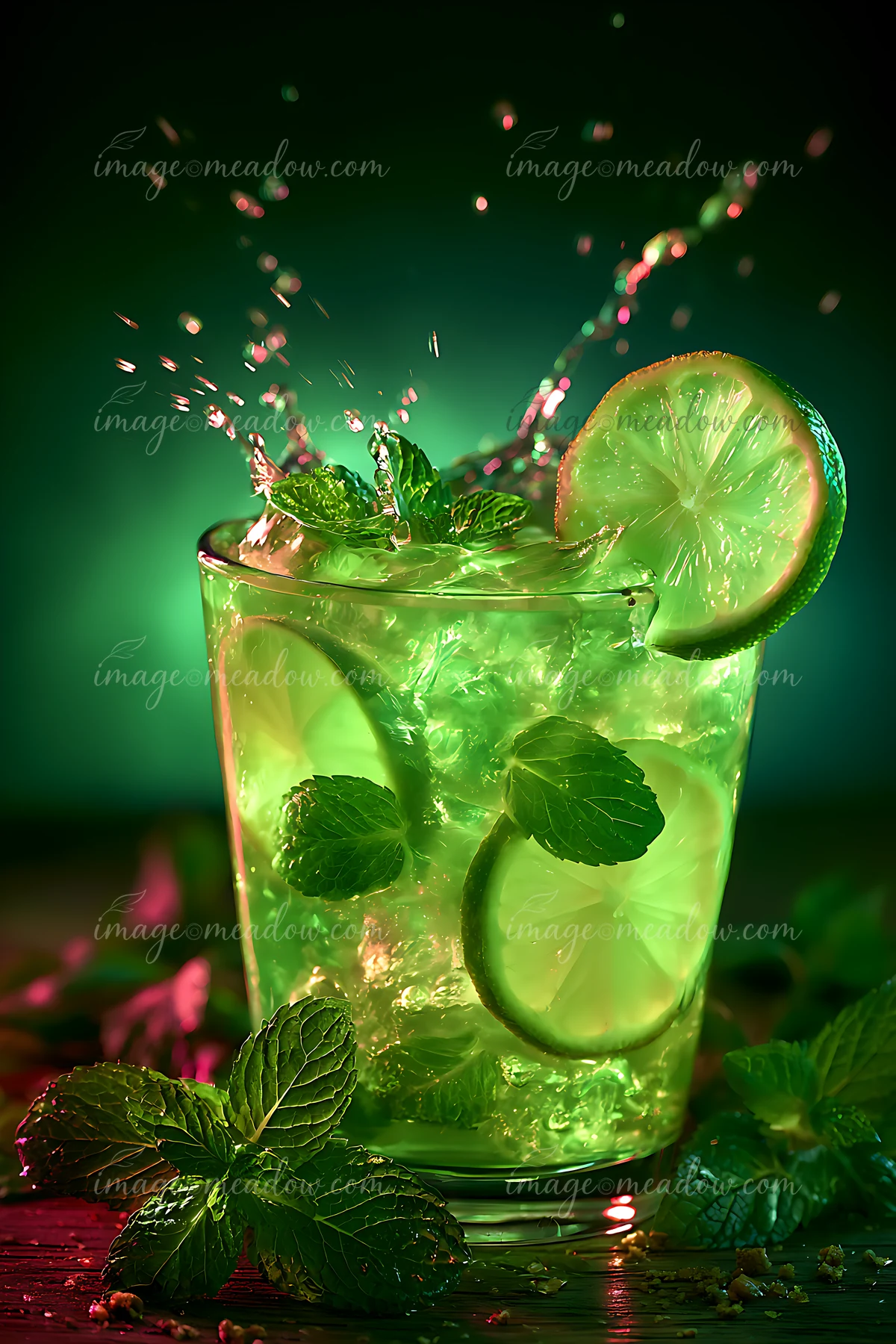 A cocktail glass is filled with ice, lime slices, and mint leaves, while green liquid splashes around.