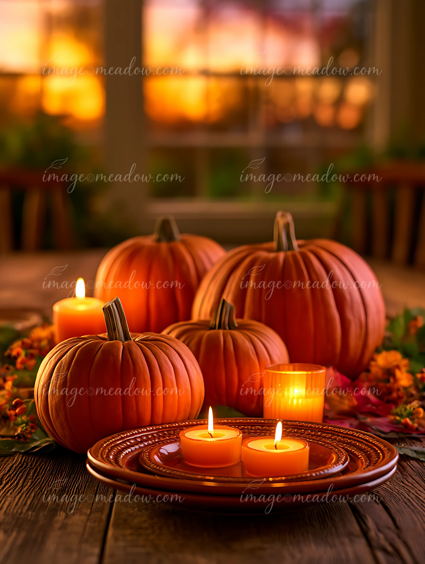 A collection of orange pumpkins with candles is arranged on a wooden table.