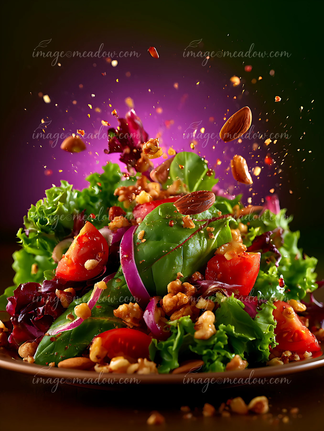 A colorful salad is tossed with fresh greens, tomatoes, nuts, and a sprinkle of toppings.