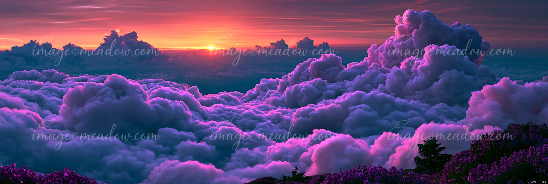A colorful sunset lights up the sky with deep hues as purple clouds fill the horizon.