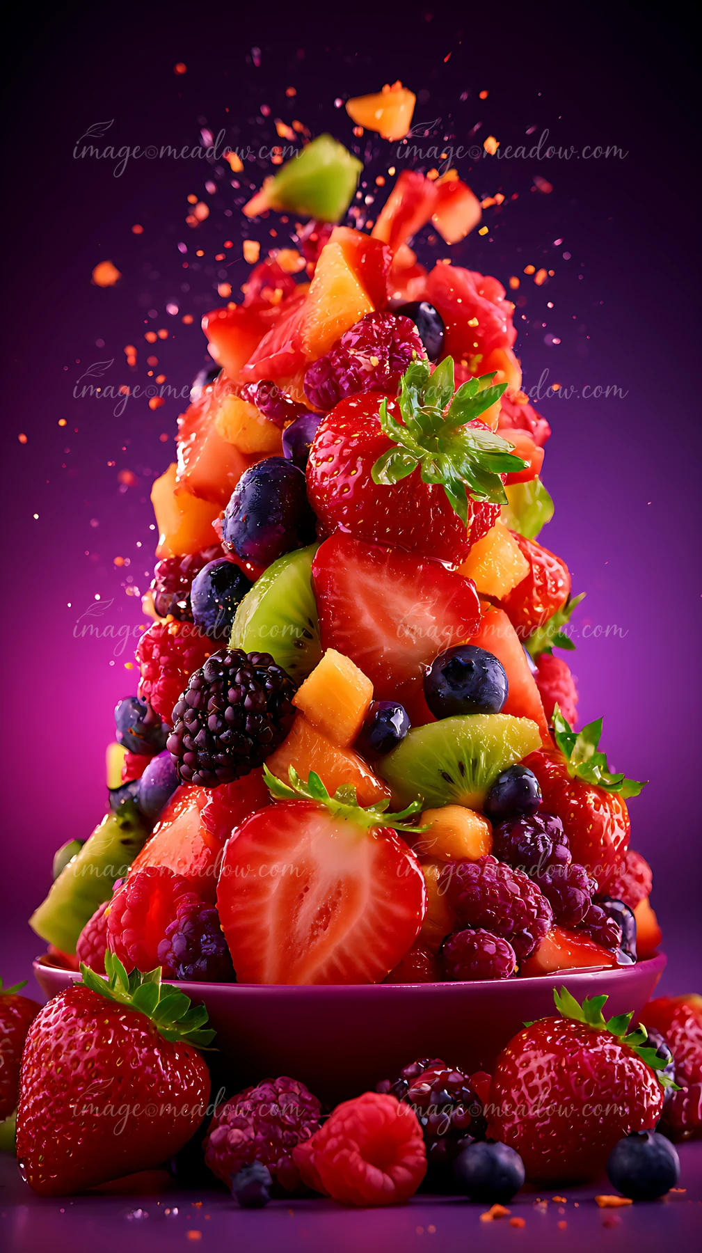 A colorful tower of various fruits stands on a plate, featuring strawberries, blueberries, blackberries, and melon.