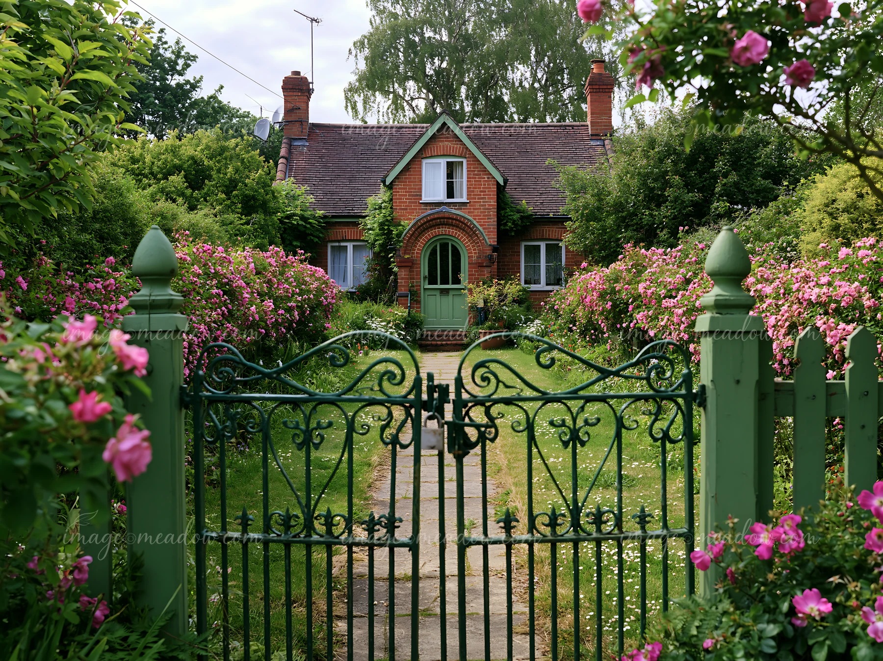 A cottage is seen through an ornate green gate, surrounded by colorful flowers and lush greenery.