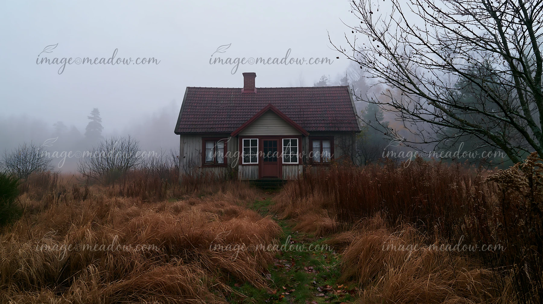 A cottage stands in the fog, surrounded by tall grasses and trees.