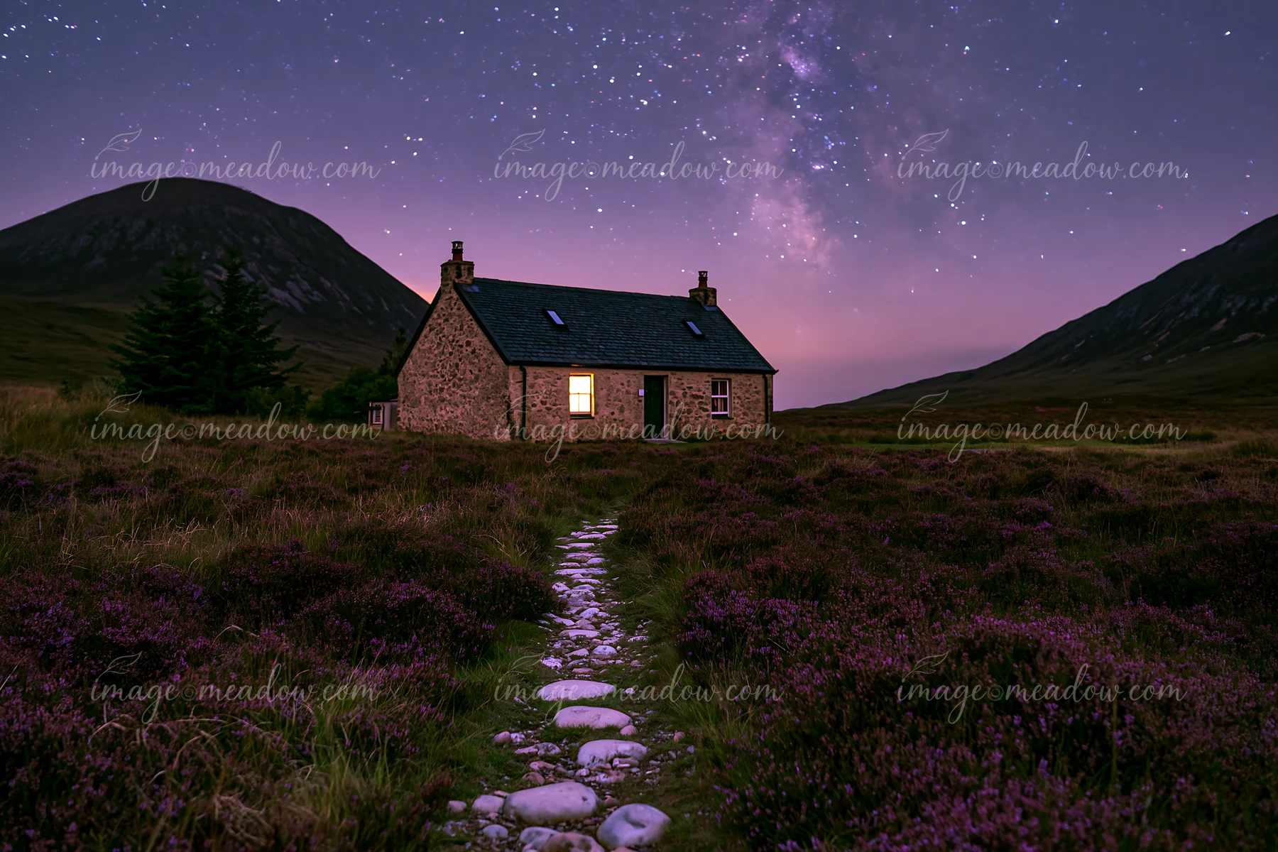 A cottage under stars with a stone path leads through a grassy field.