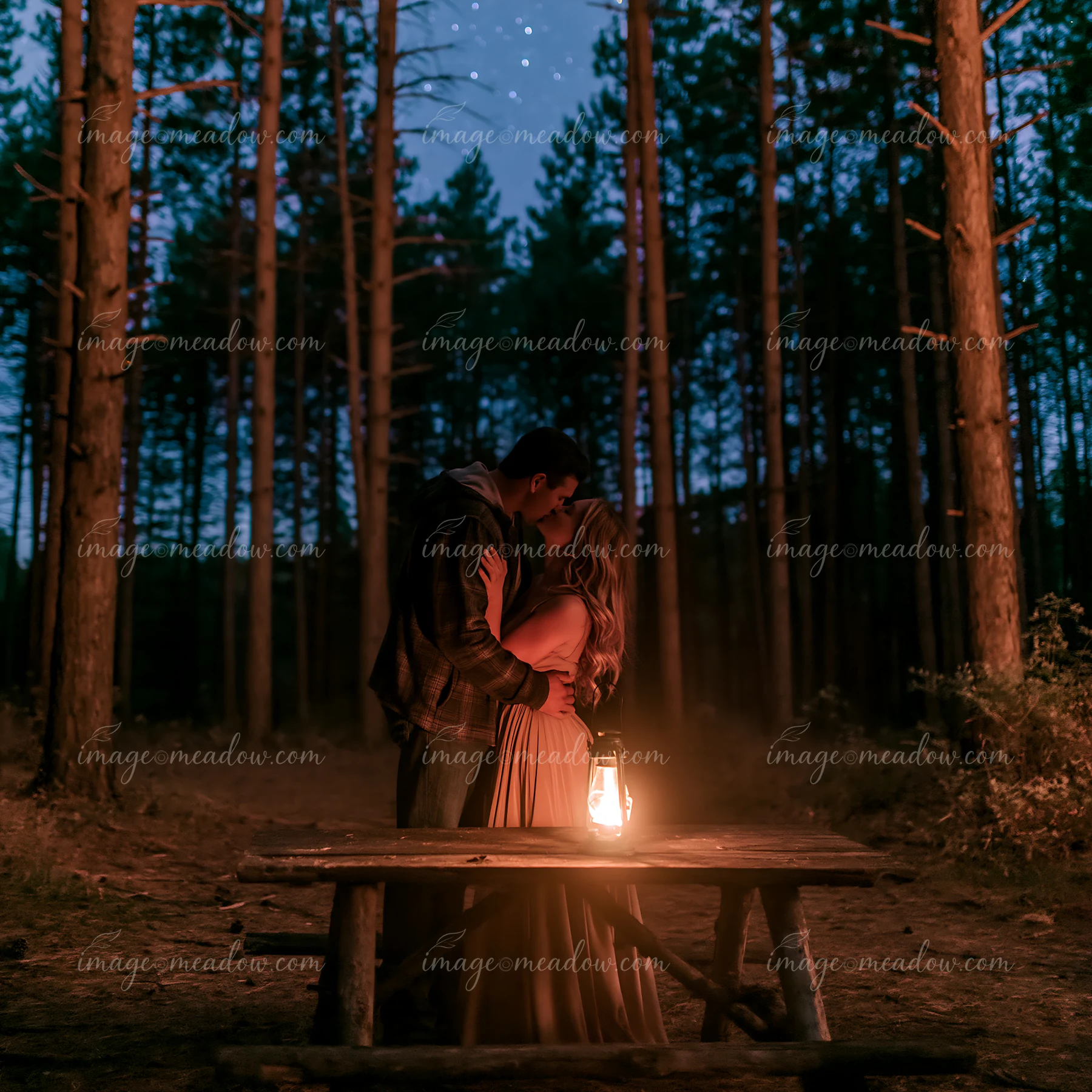 A couple kisses beneath stars beside a glowing lantern in a forest.