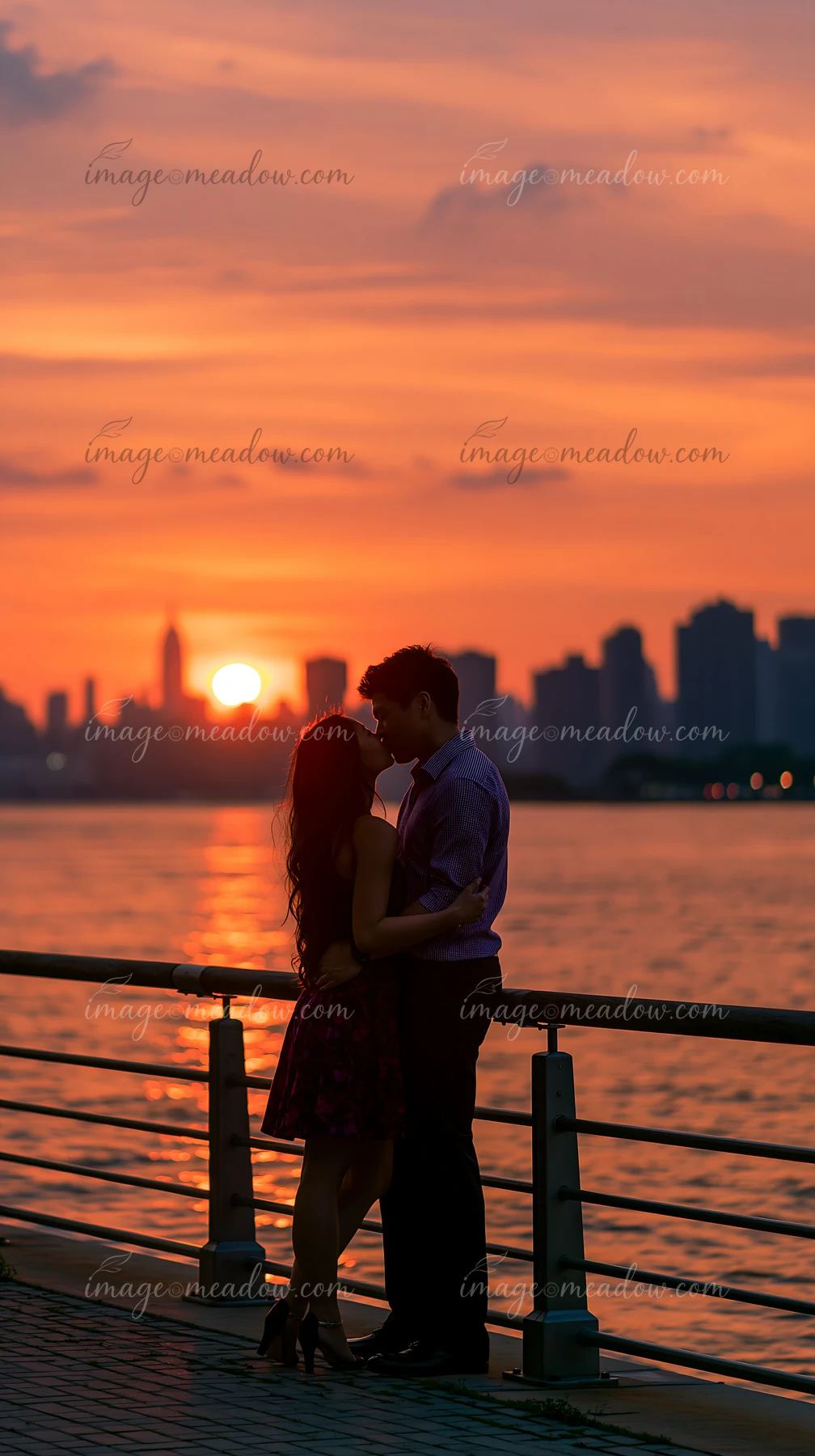 A couple kisses while standing close to the water as the sun sets behind a city skyline.