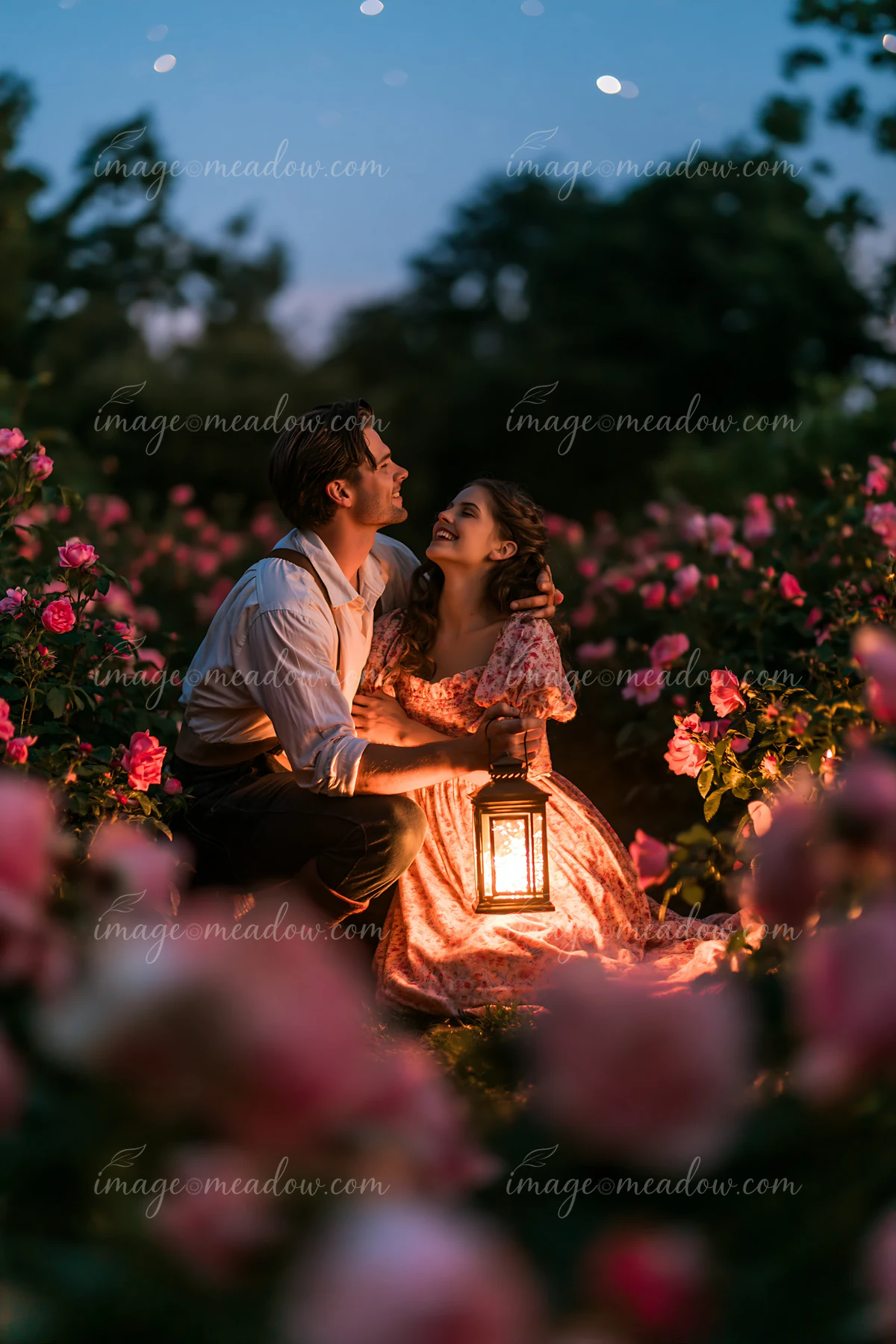 A couple laughing in a rose garden beneath stars holds a lantern.