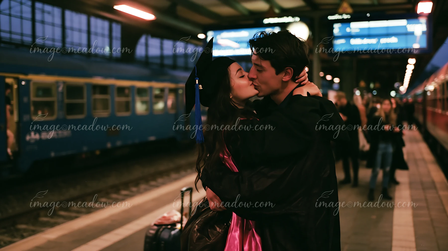 A couple shares a kiss during a graduation celebration at a train station.