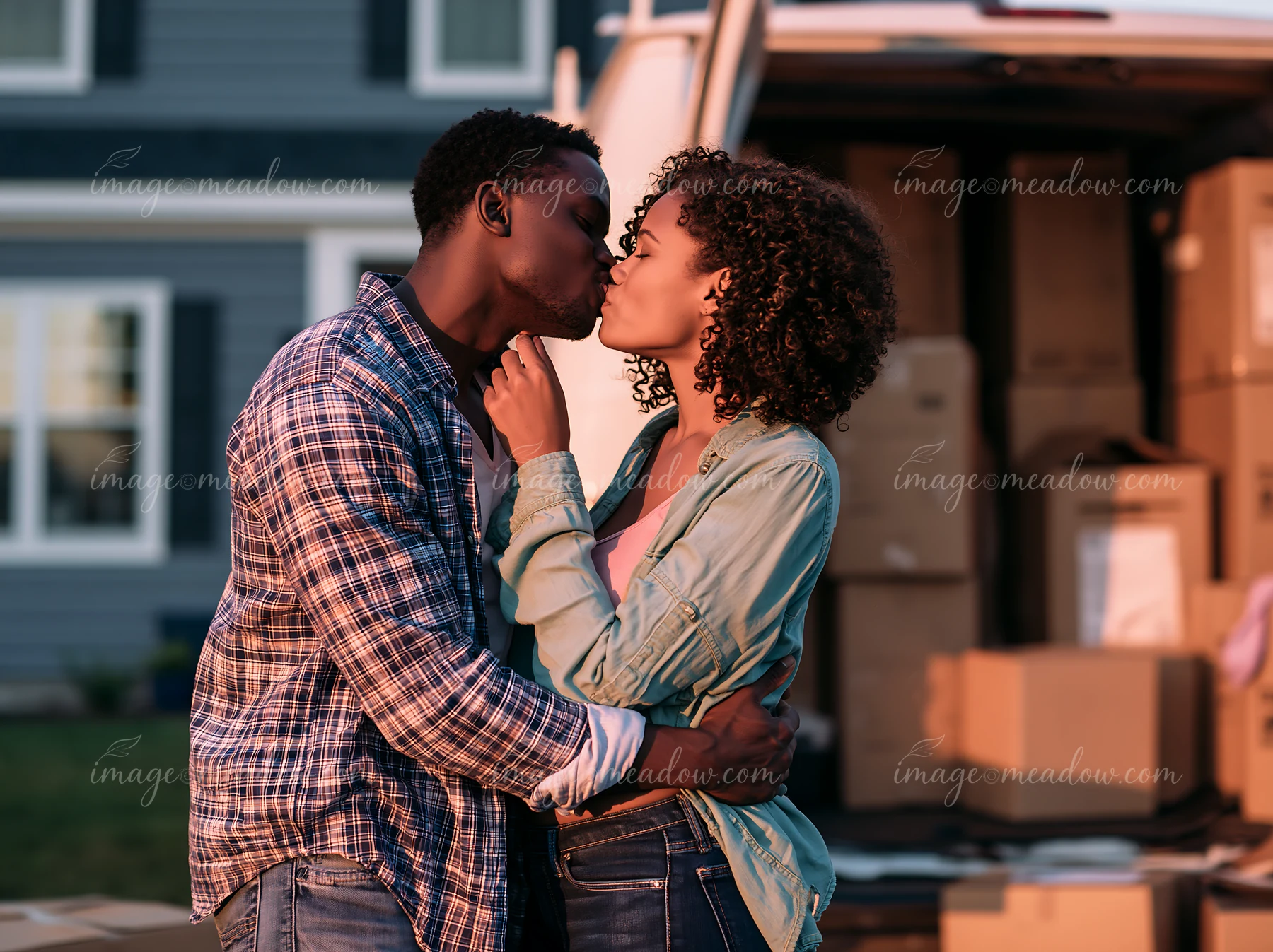 A couple shares a kiss while surrounded by moving boxes outside their new home.