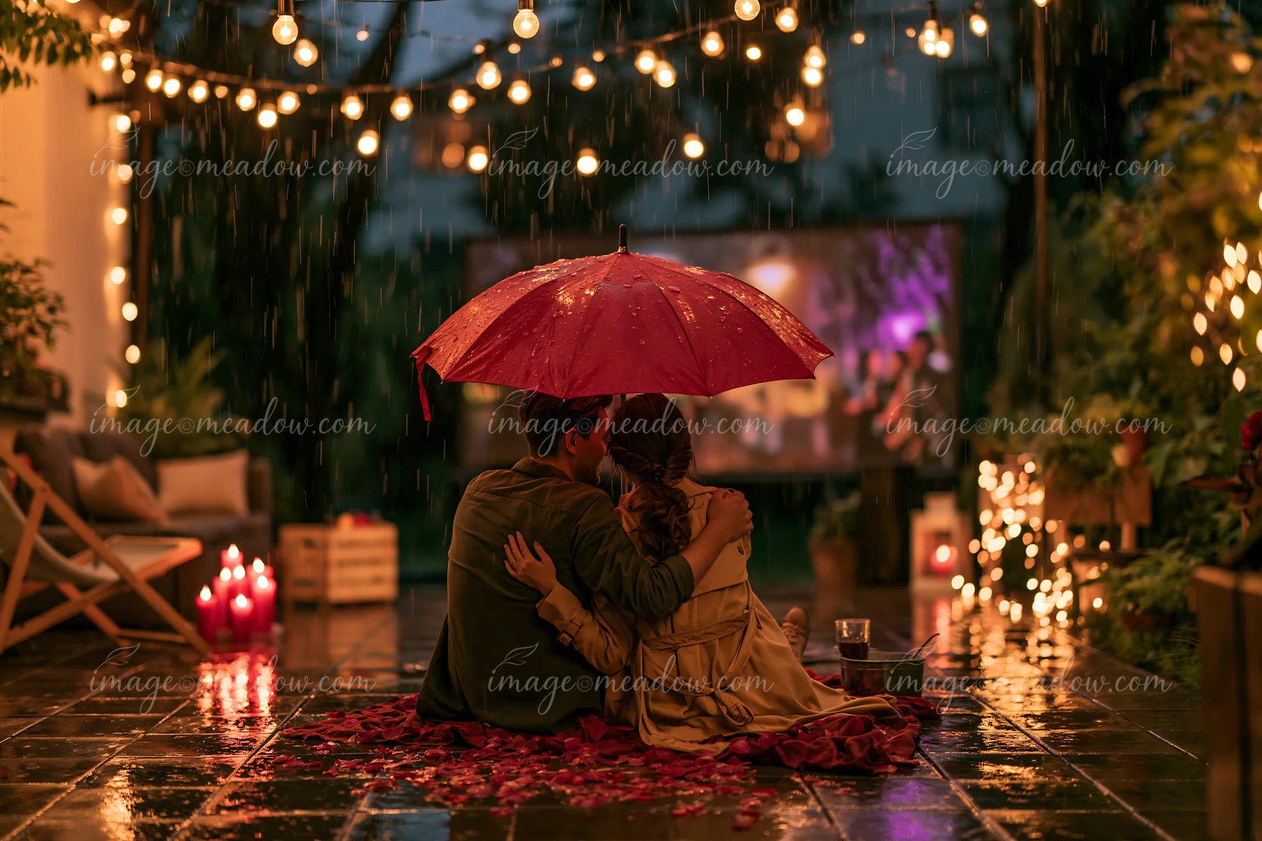 A couple sits under a red umbrella while enjoying a movie during rain, surrounded by string lights and candles.
