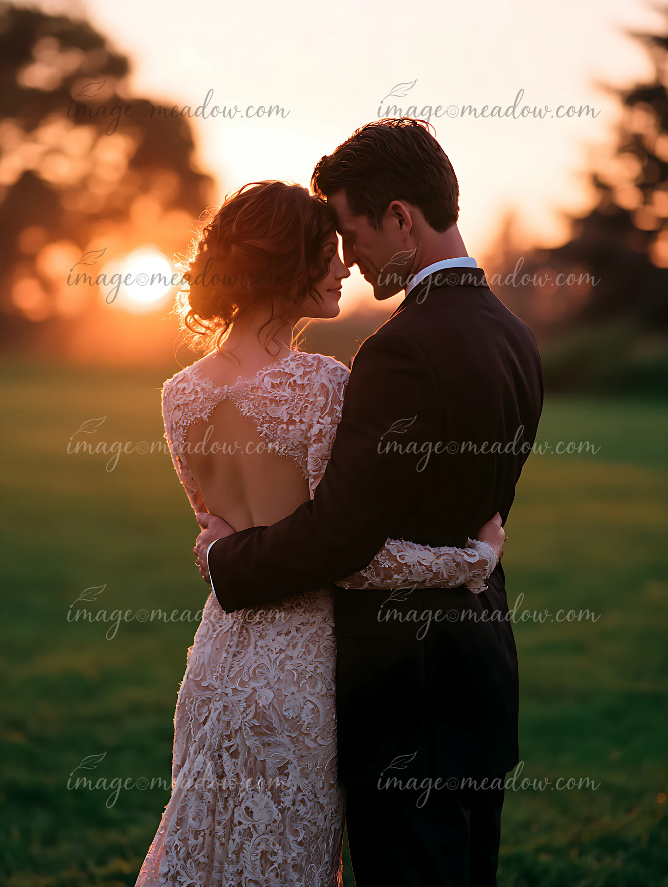 A couple stands close together as the sun sets behind them, creating a warm glow.