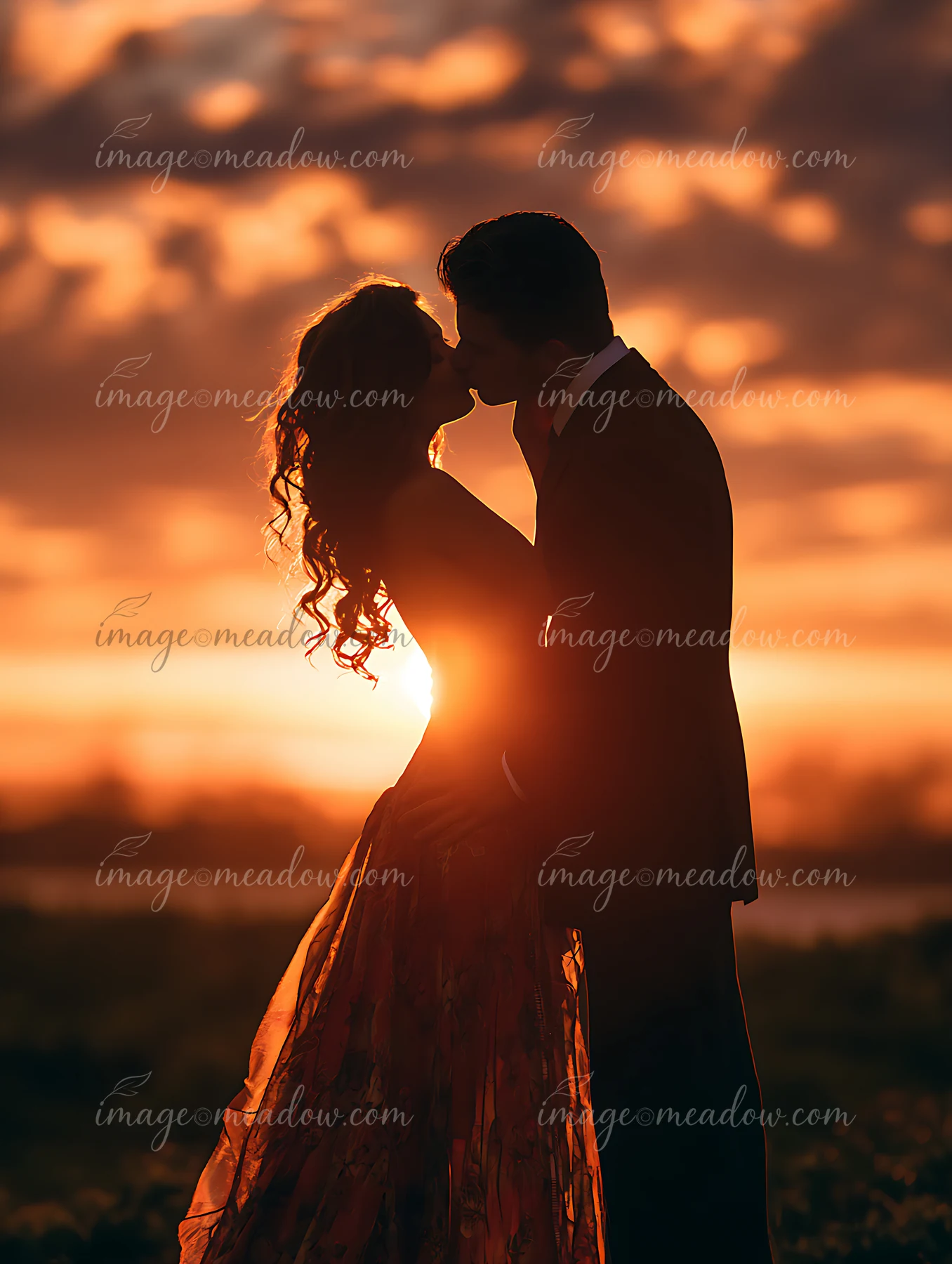 A couple stands closely together sharing a kiss during sunset.