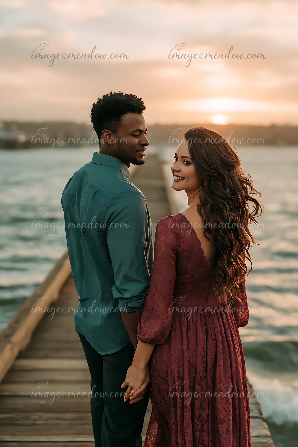 A couple stands hand in hand on a wooden pier as the sun sets over the water.