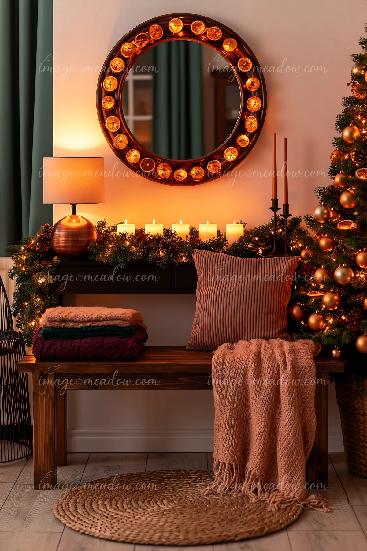 A cozy Christmas living room features a bench with blankets, a mirror decorated with dried oranges, candles, and a decorated tree.