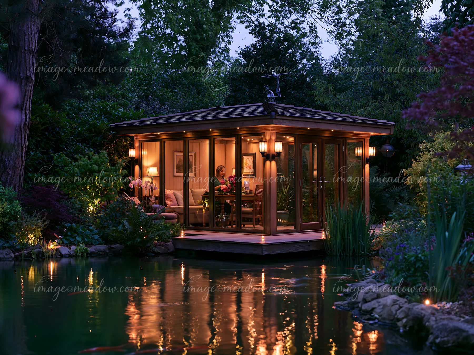 A cozy outdoor office sits in a garden at dusk, featuring large windows that reflect golden light onto the pond.