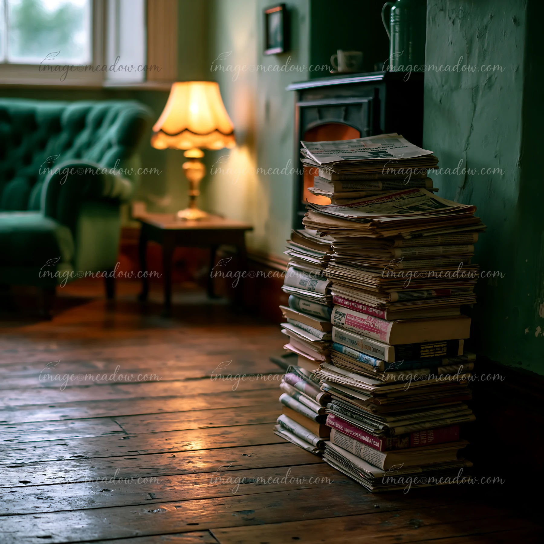 A cozy reading corner features a green velvet chair, a stacked pile of books by a warm fireplace, and a lamp providing light in the room.