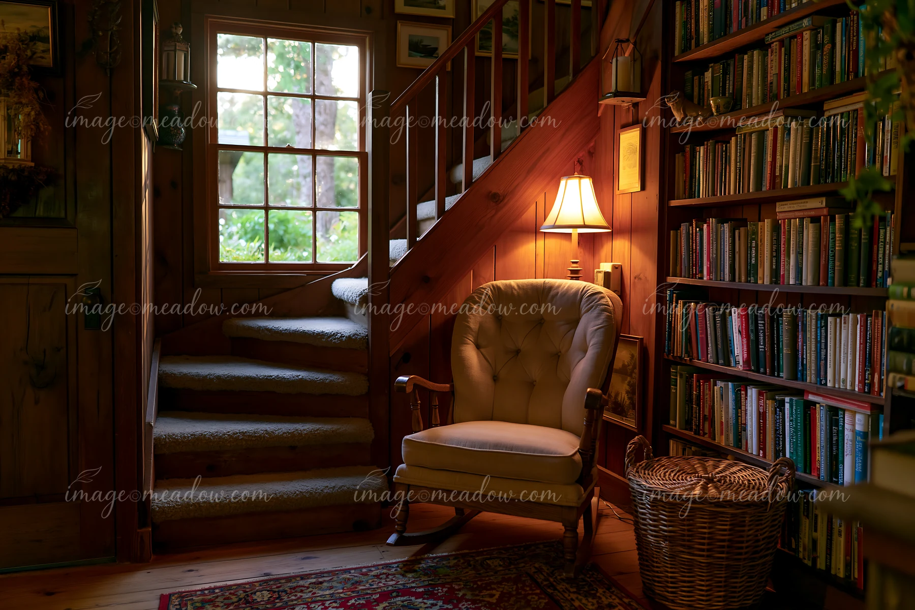 A cozy reading corner in a cottage features a comfortable chair next to a large window, warm lighting, and a bookshelf filled with books, creating an inviting s