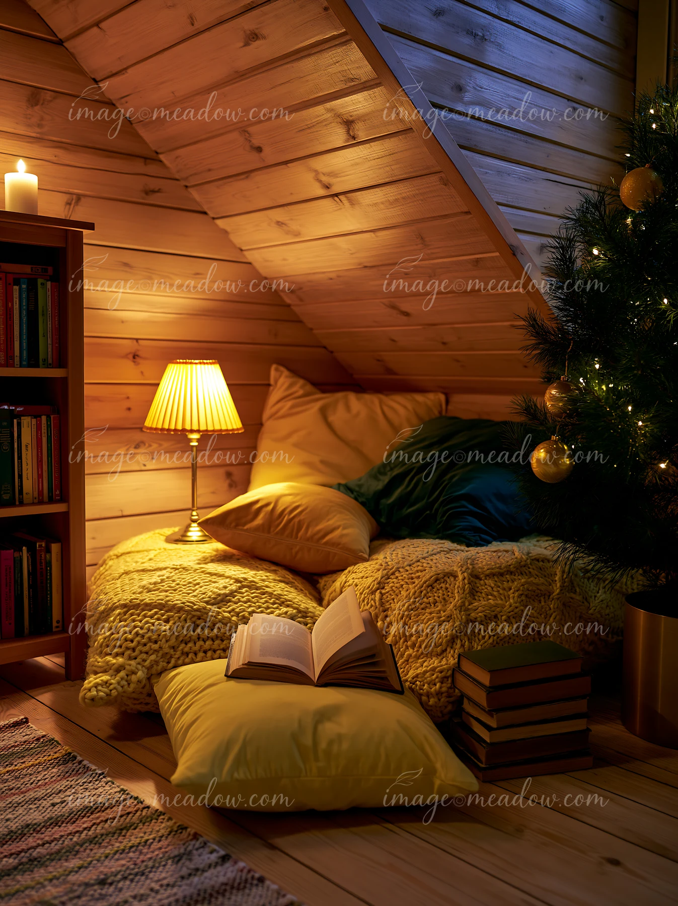 A cozy reading corner in a cottage with soft cushions and a warm lamp.