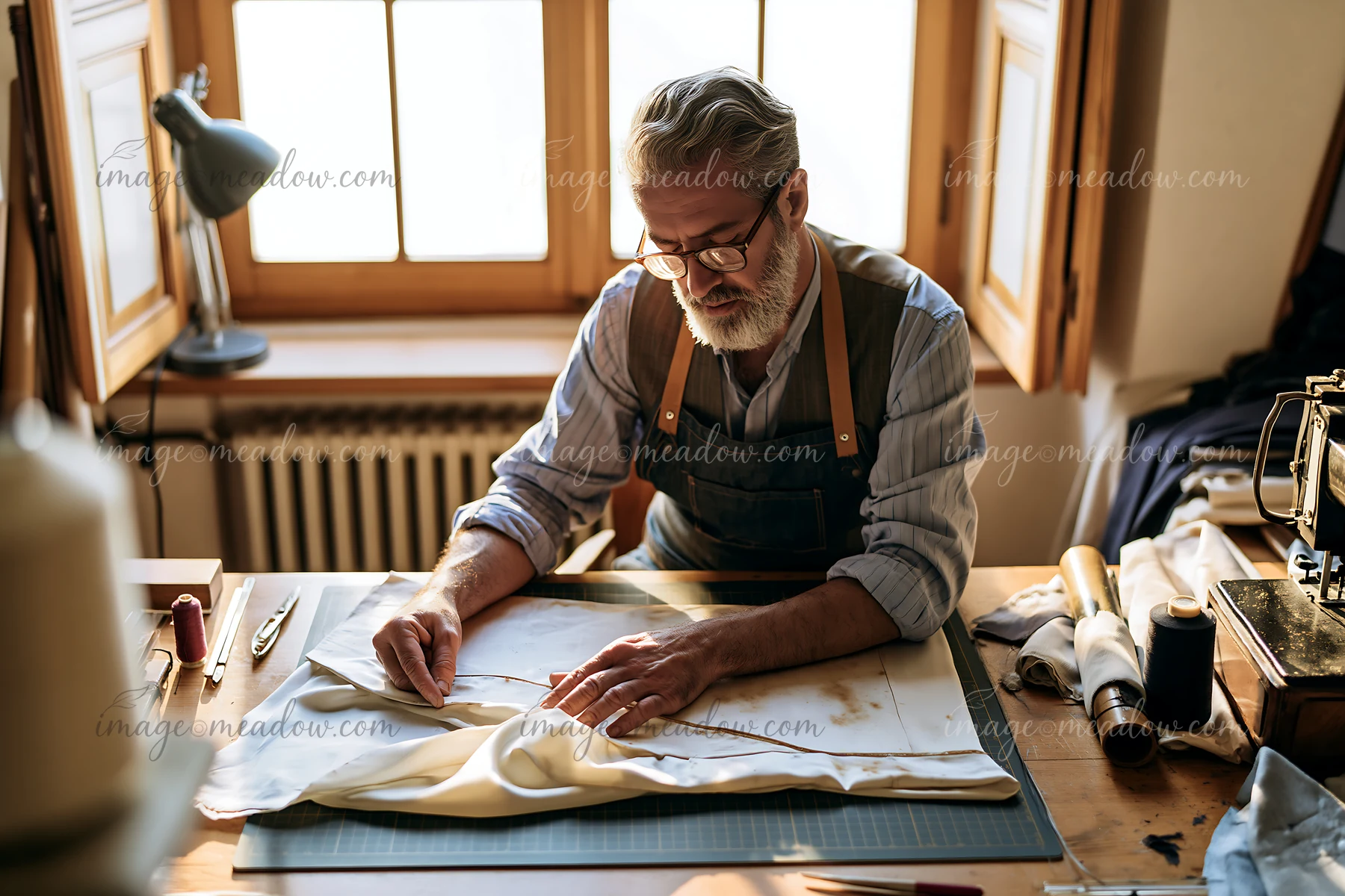 A craftsman examines a stained silk garment while working at a wooden table in a well-lit workshop.