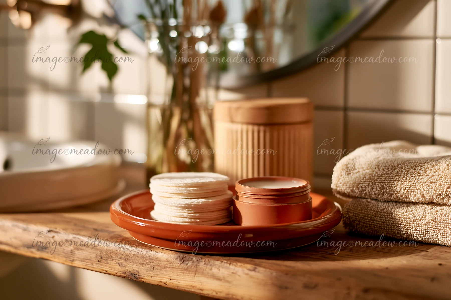 A cream dose beside cotton pads is placed on a wooden surface in a bright bathroom.
