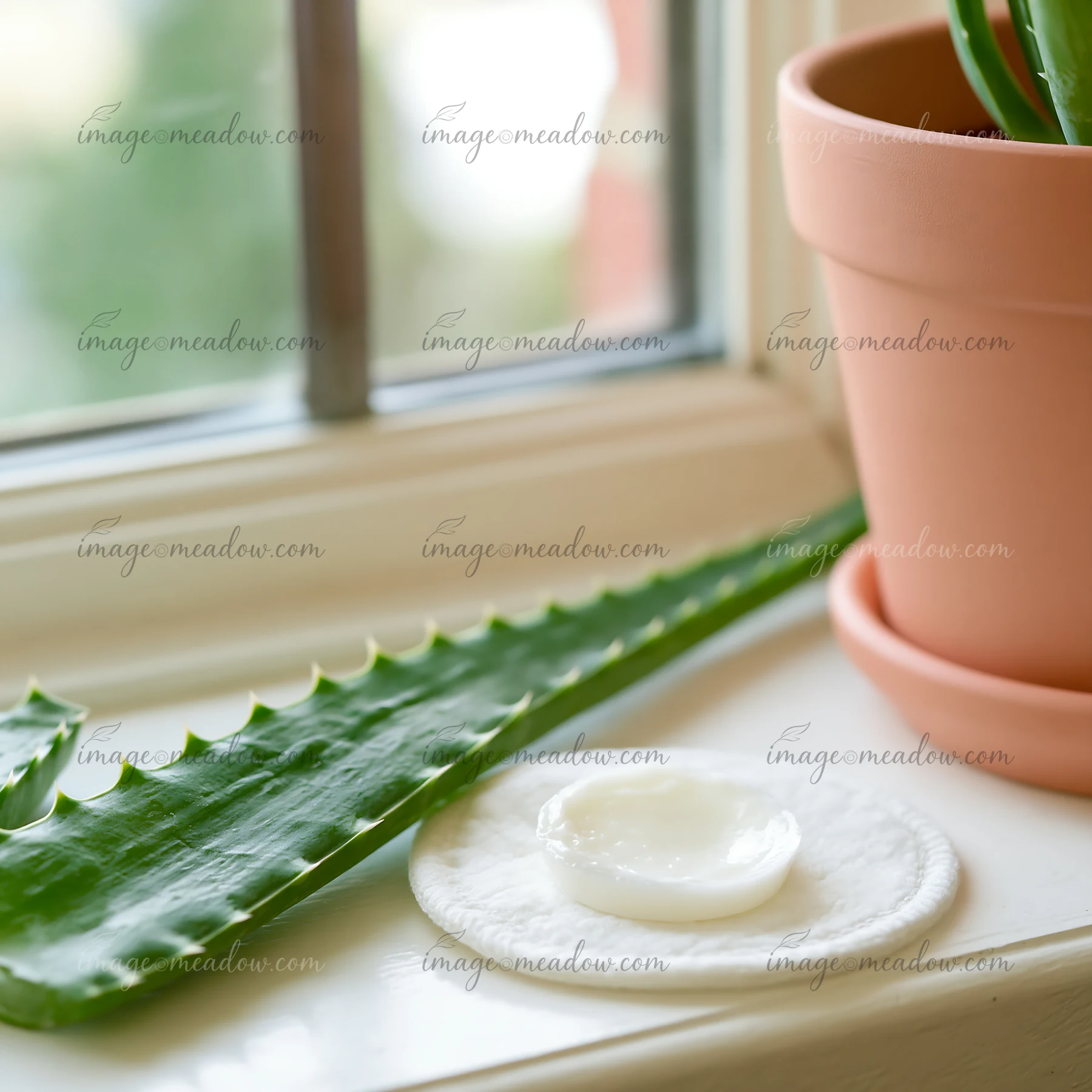 A cream dose sits on a white cotton pad next to an aloe vera leaf, with a potted aloe plant visible in the background.