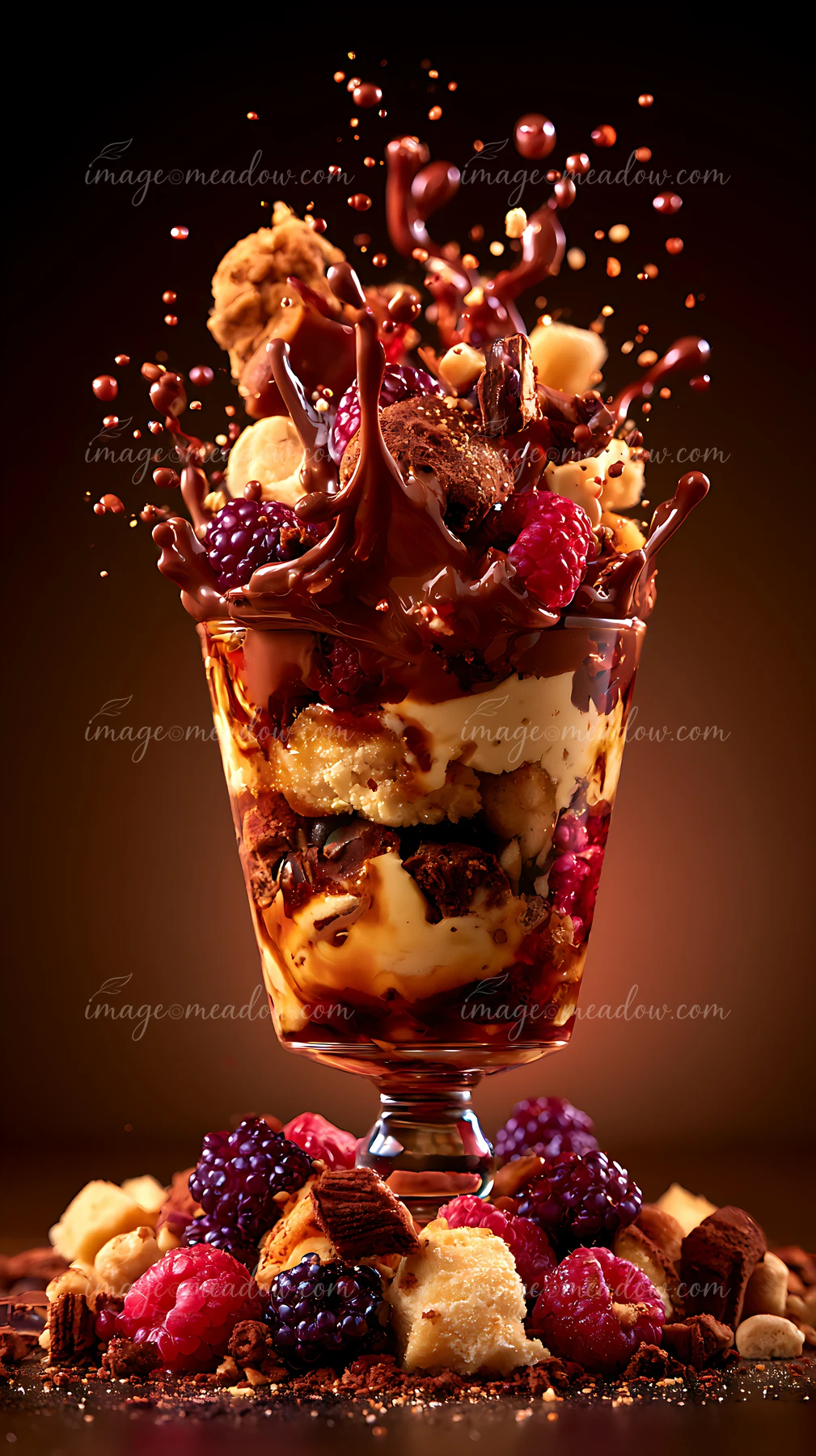 A cup filled with layers of ice cream, chocolate sauce, and berries sits on a dark surface.