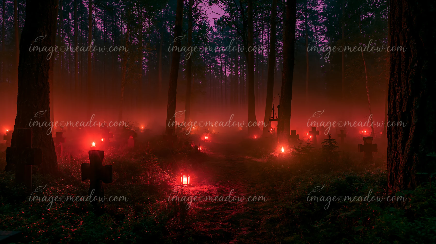 A dark forest features military graves illuminated by soft red lantern light during the night.