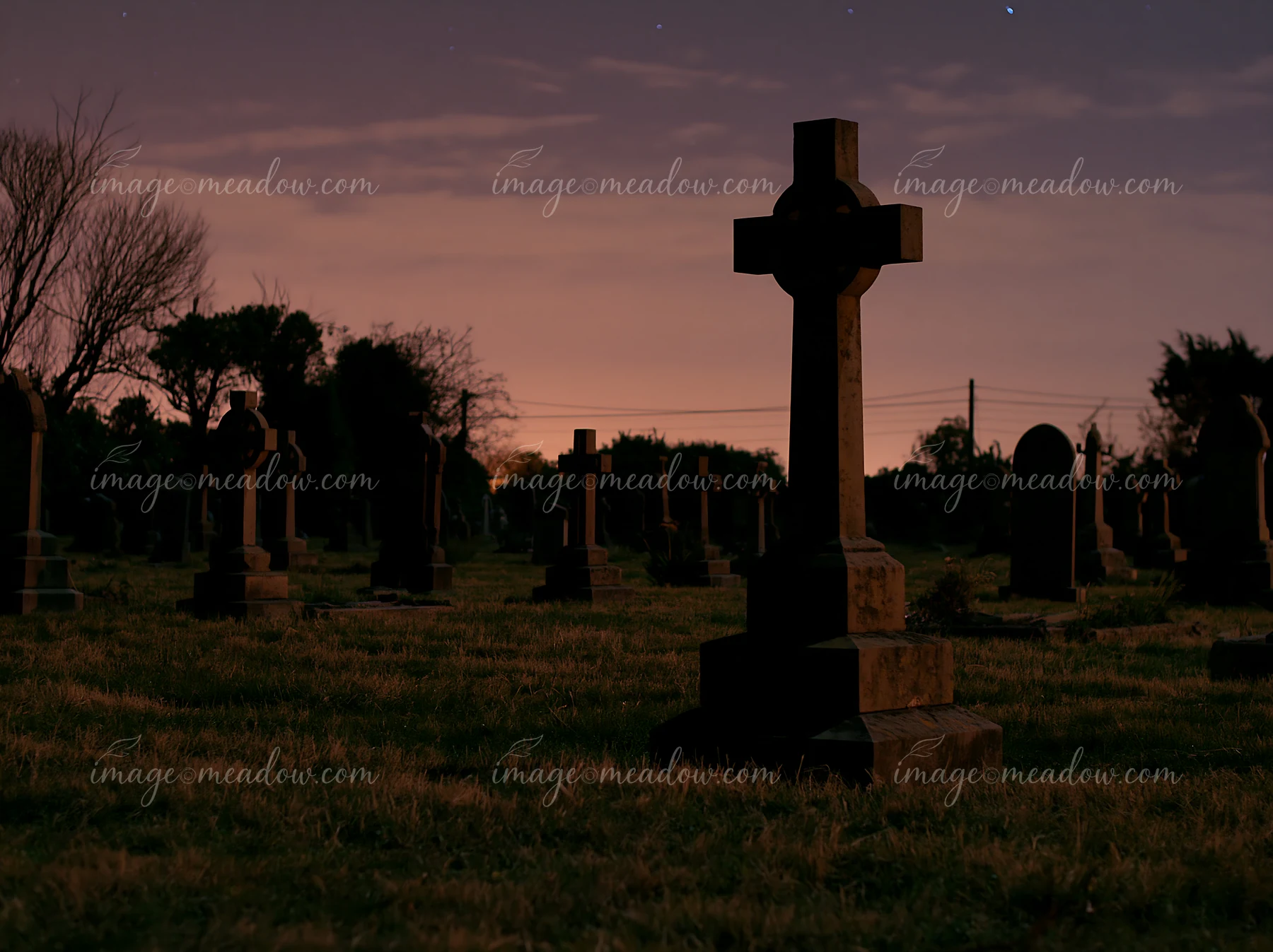 A dark scene of a soldiers' memorial cemetery shows several stone crosses under a night sky filled with stars.