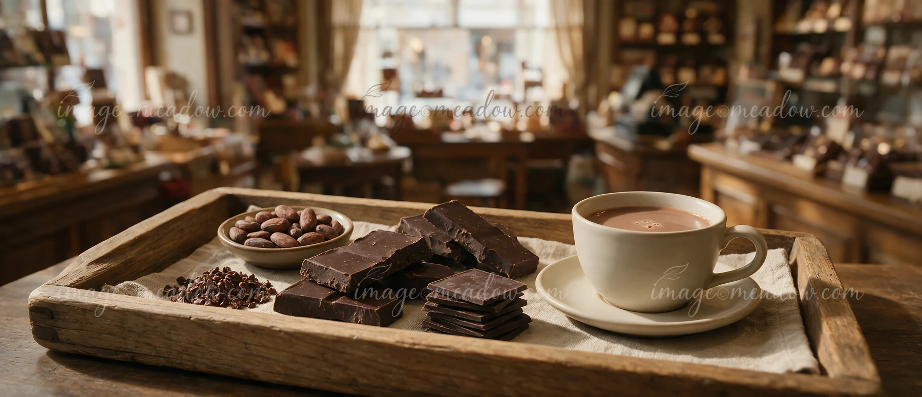 A display of chocolate, nuts, and a steaming cup of coffee is set on a wooden tray, creating a warm atmosphere in a chocolate shop filled with various products.