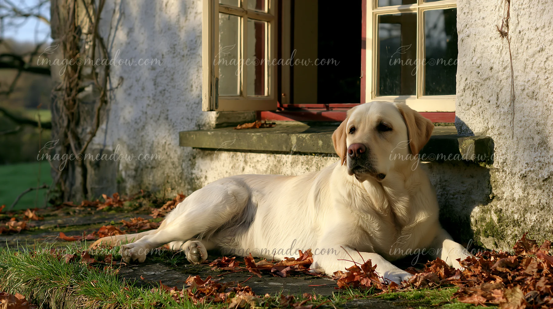 A dog lies relaxed on the steps of a rural cottage surrounded by fallen leaves.