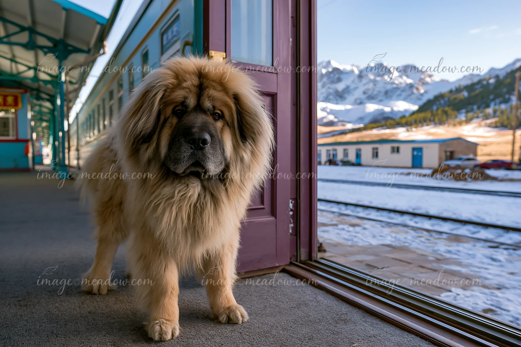 A dog stands at a train station entrance, looking outside at snow-covered mountains.