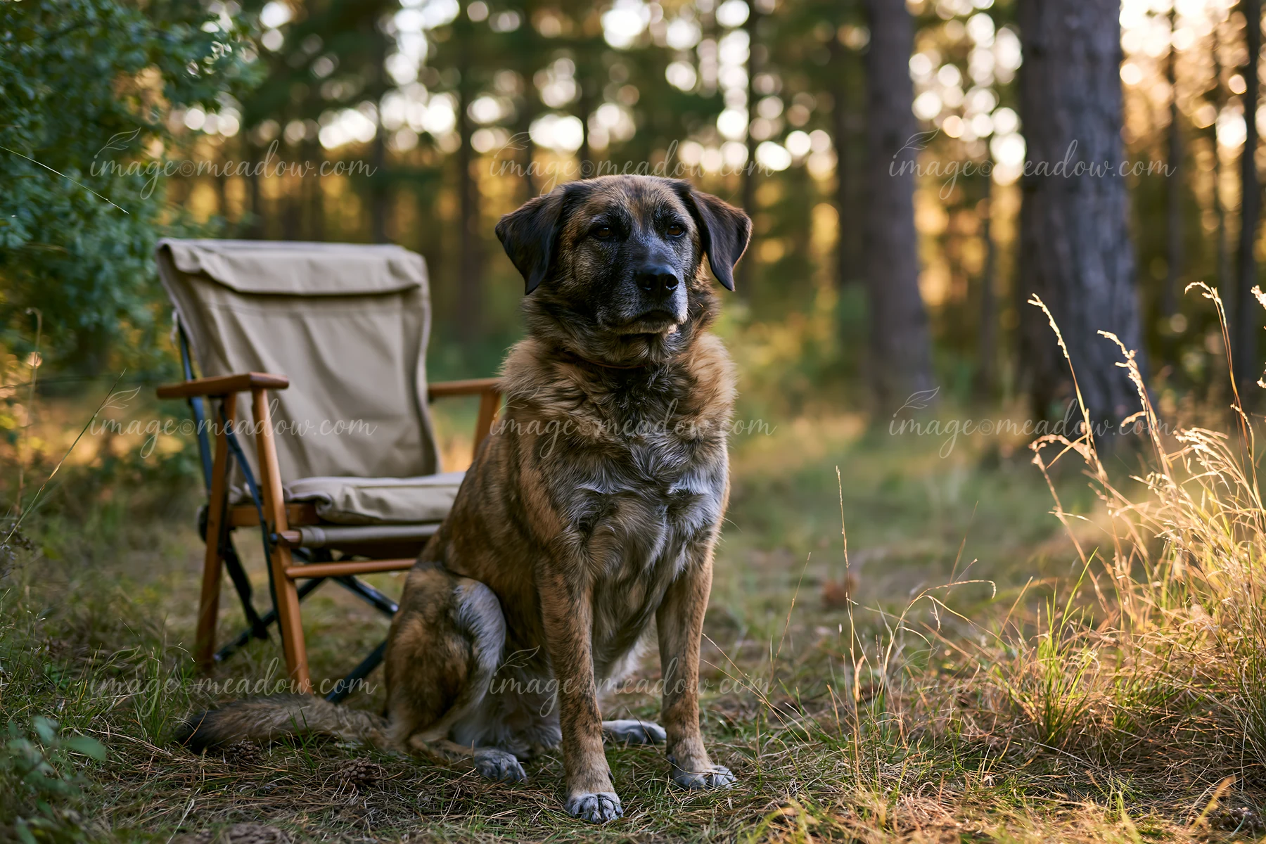 A dog with a rare brindle coat sits next to a chair in a forest during golden hour.