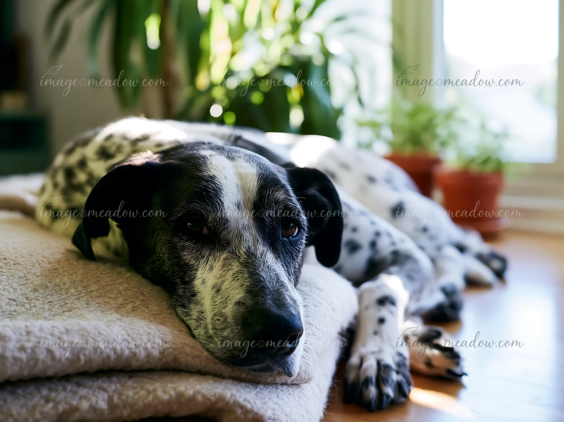 A dog with a spotted coat lies comfortably on a soft blanket in a well-lit room.