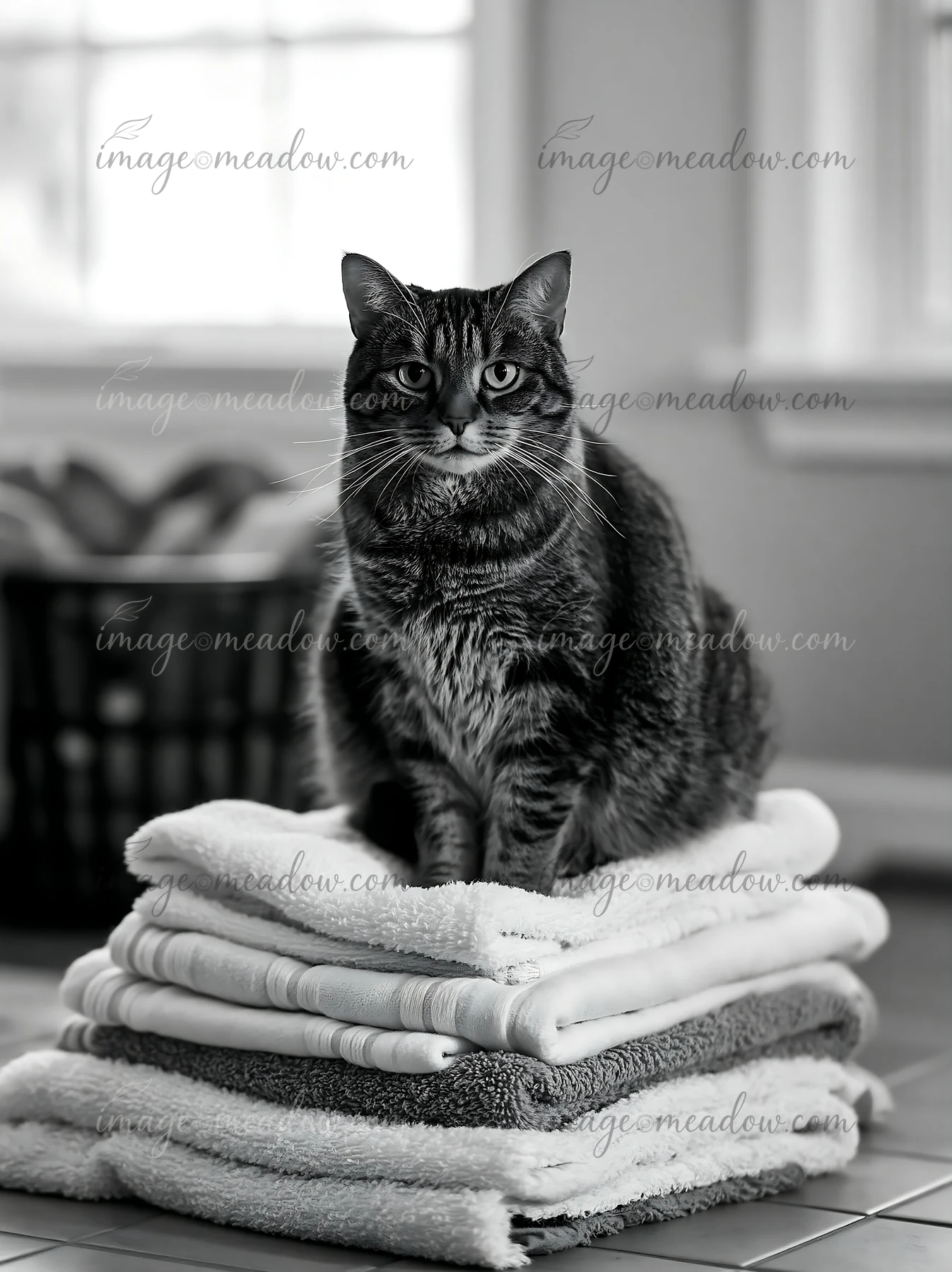 A Dwelf cat portrait captures the feline sitting on a stack of clean towels in a cozy indoor setting.