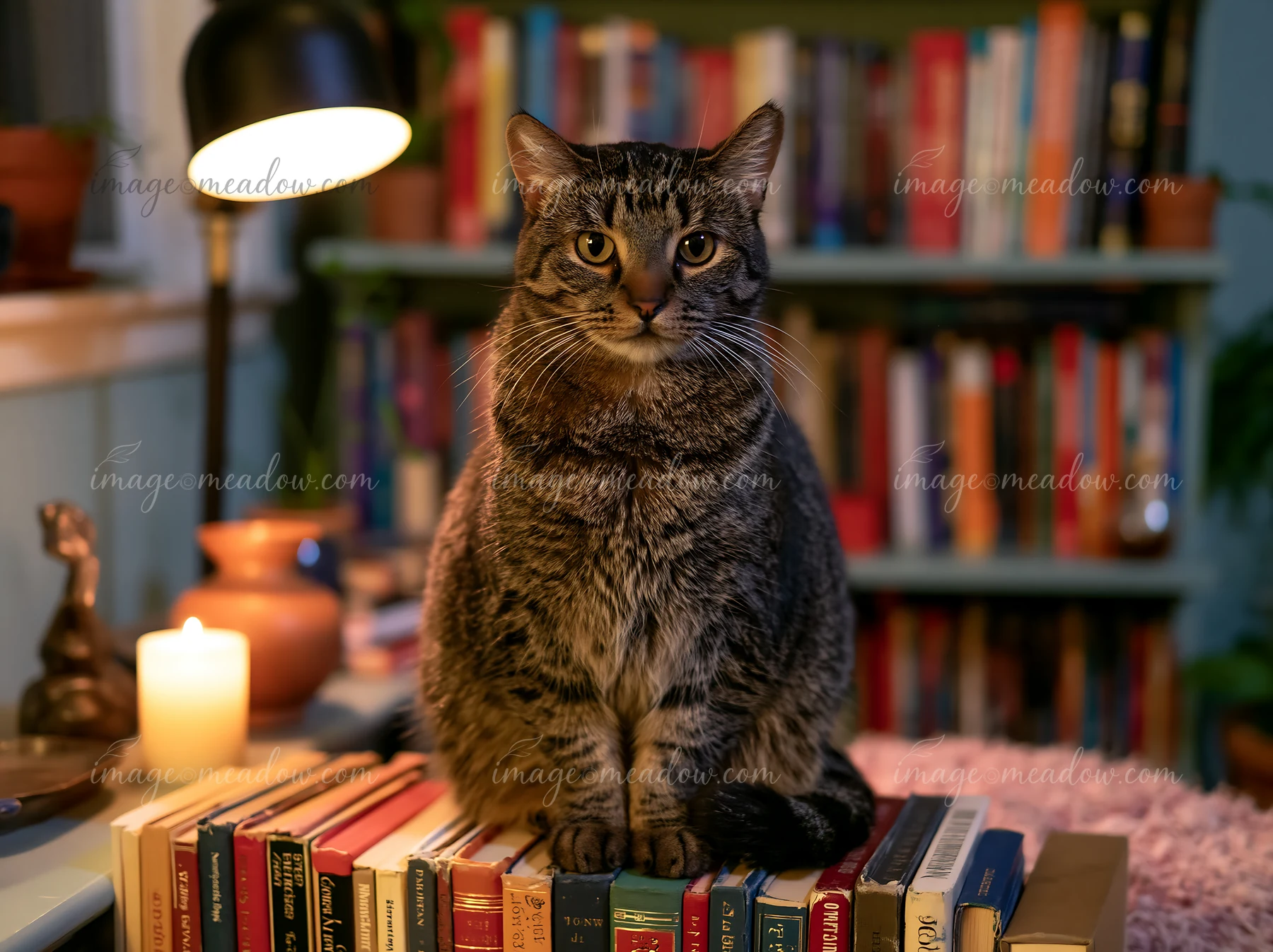 A Dwelf cat sits on a stack of books in a cozy room with a warm lamp glowing nearby.