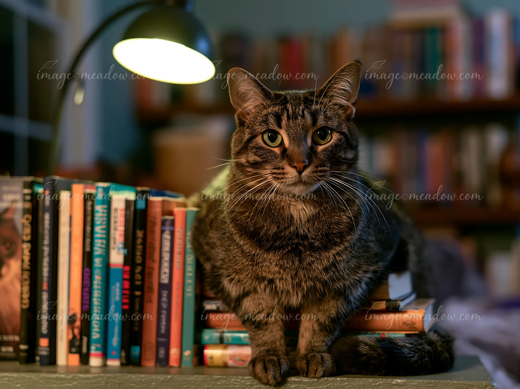 A Dwelf cat sits on a stack of books with its gaze directed toward the camera under the warm light of a desk lamp.