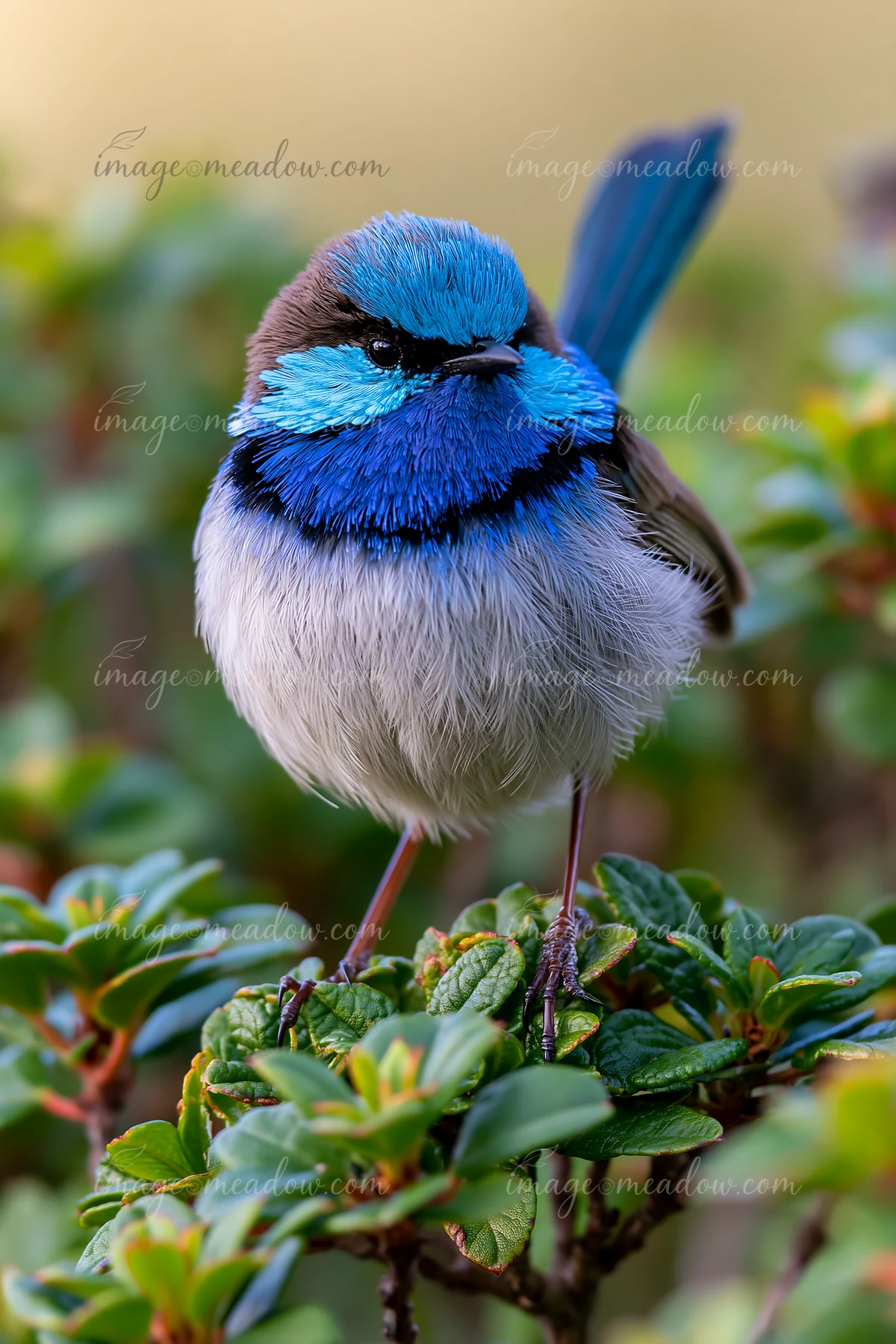 A fairy wren stands on a native shrub in its natural habitat.