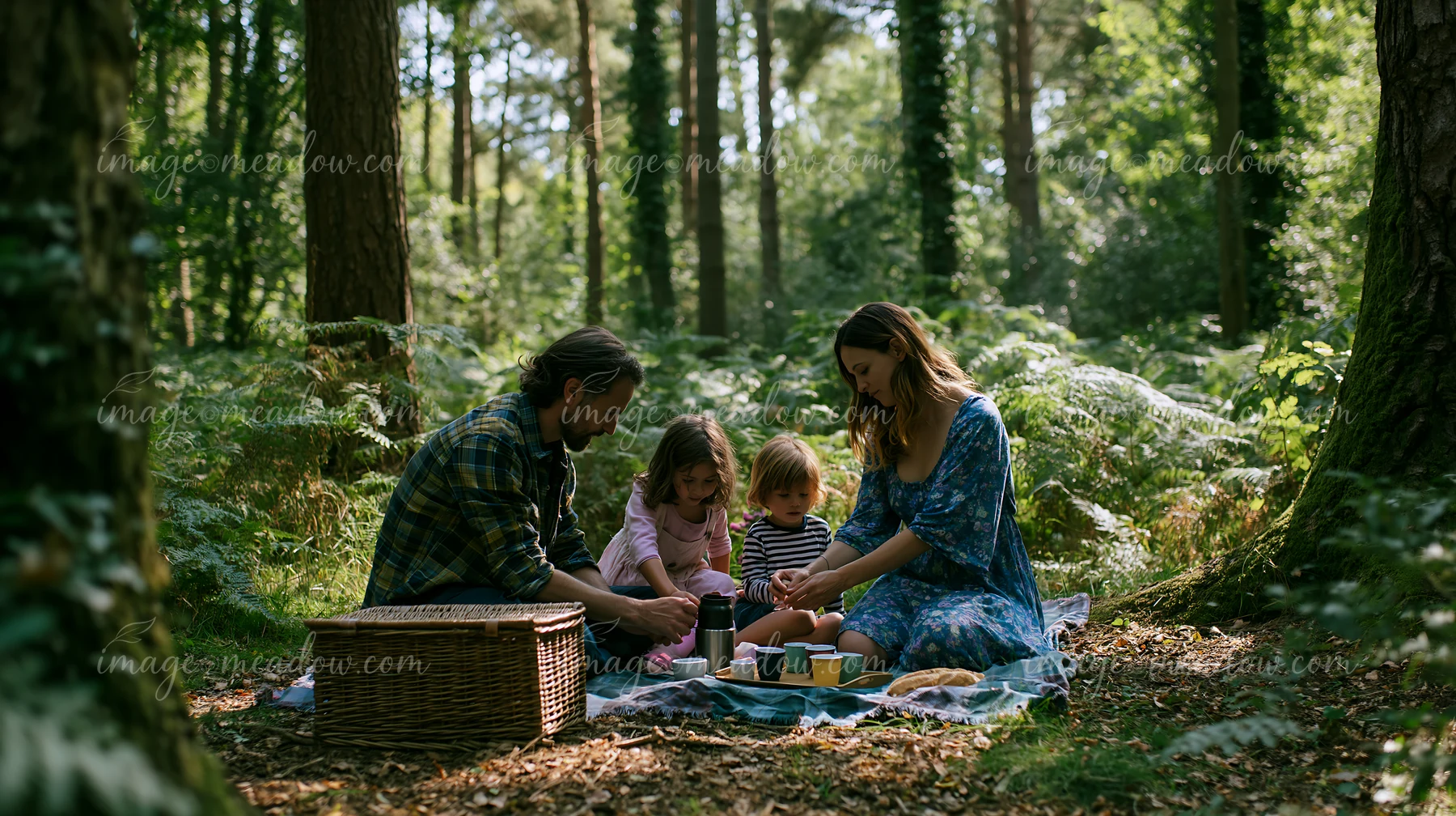 A family enjoys a picnic in a shaded meadow in a woodland clearing, surrounded by trees and greenery.